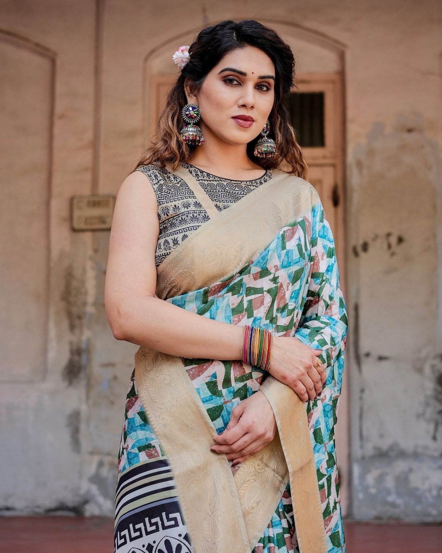 Contemporary Abstract Print Saree with Gold Border and Monochrome Patterned Pallu - SEEANS
