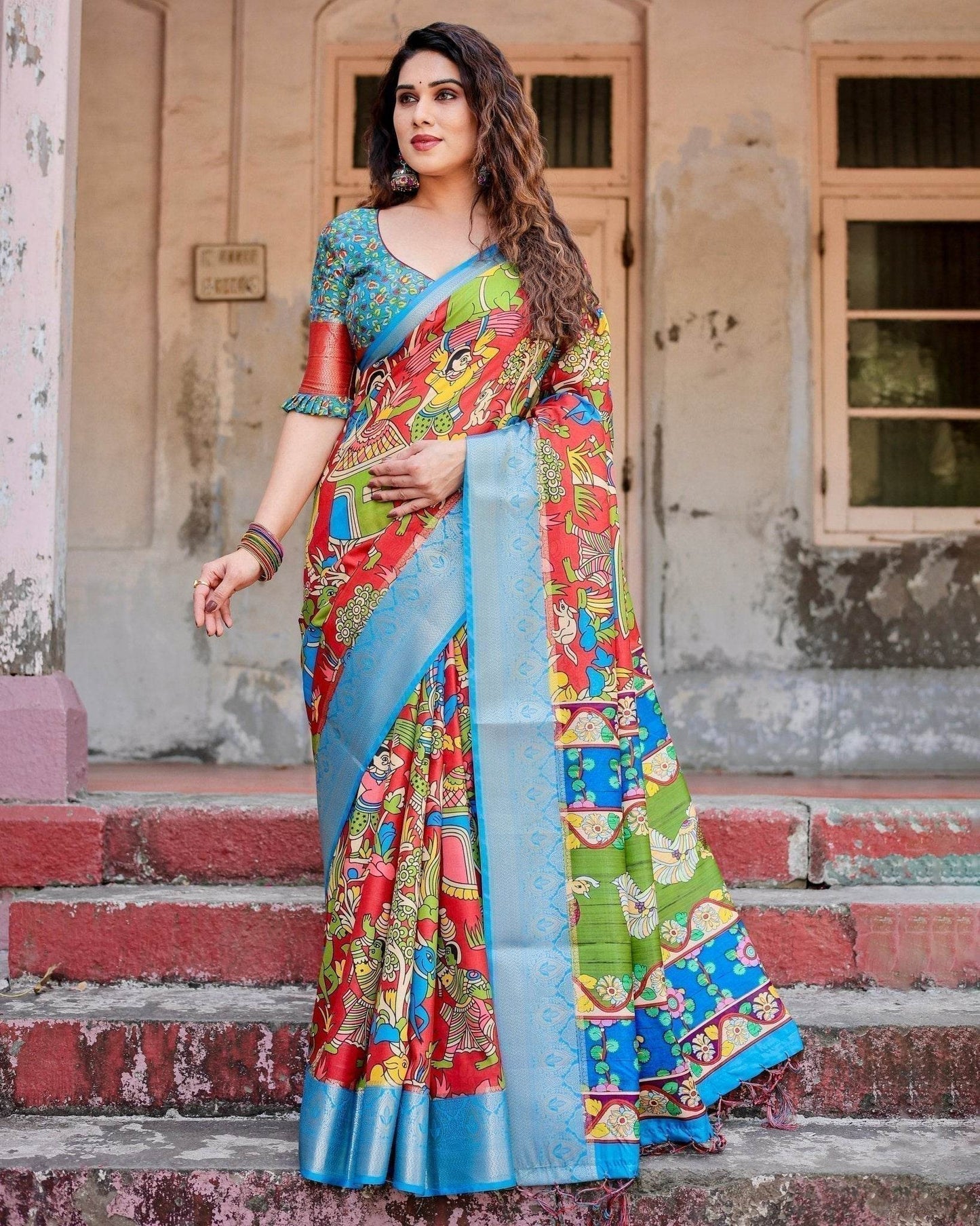 Multicolor Folk Art Inspired Digital Print Tussar Silk Saree with Sky Blue Zari Border - SEEANS