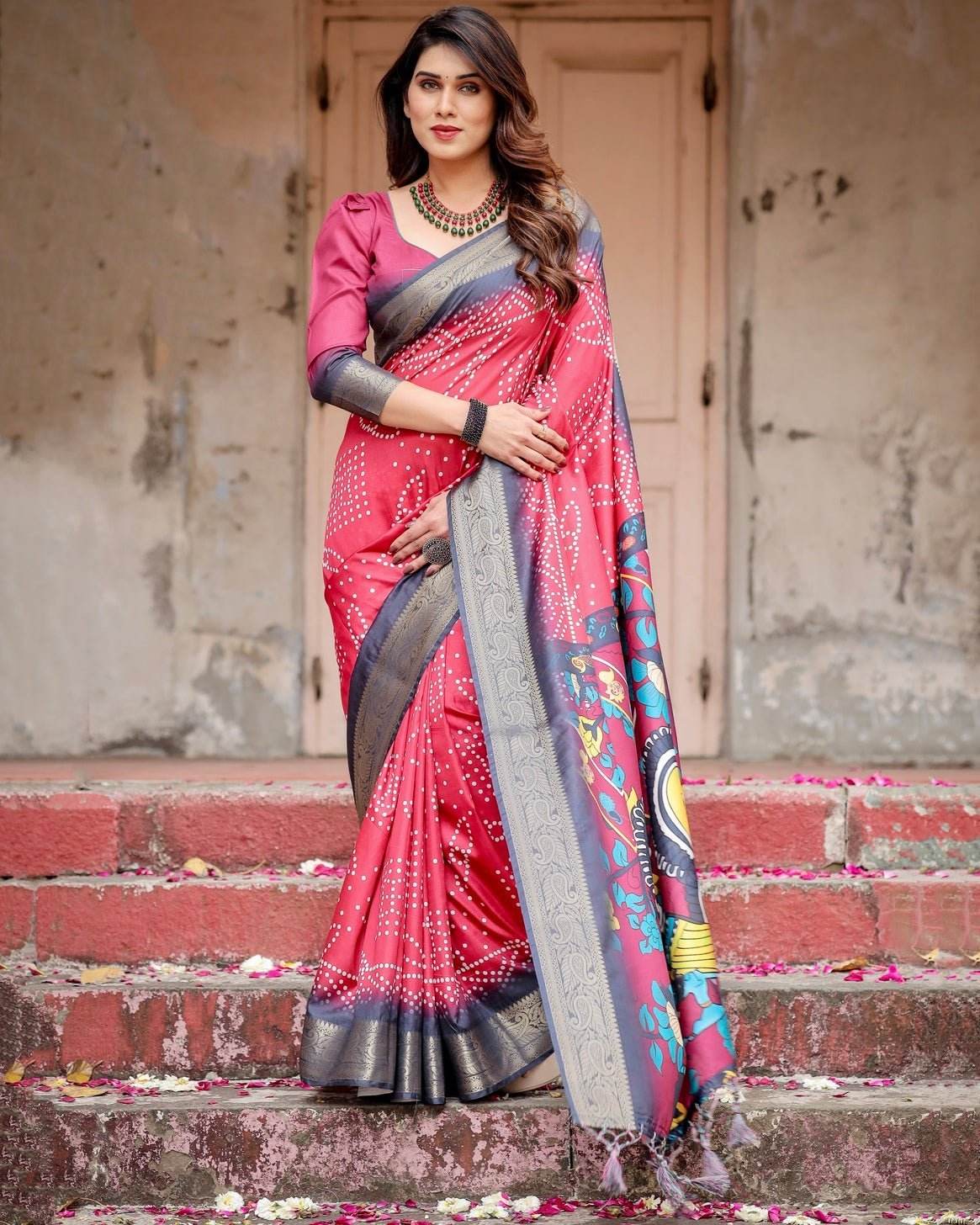 Crimson Red Tussar Silk Saree with Bandhani Patterns, Zari Border, and Vibrant Artistic Pallu - SEEANS