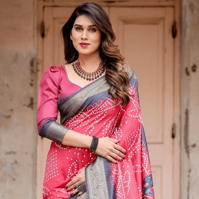 Crimson Red Tussar Silk Saree with Bandhani Patterns, Zari Border, and Vibrant Artistic Pallu - SEEANS