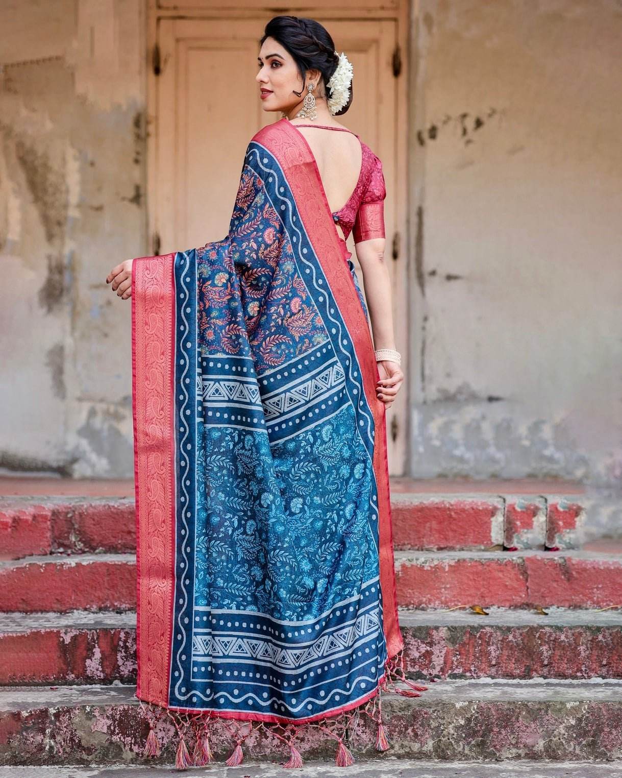 Teal Blue and Coral Tussar Silk Saree with Floral Weaves and Geometric Pallu - SEEANS