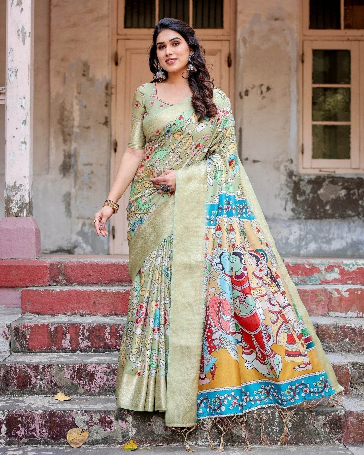 Pastel Green Tussar Silk Saree with Mythological Kalamkari Pallu and Zari Border - SEEANS