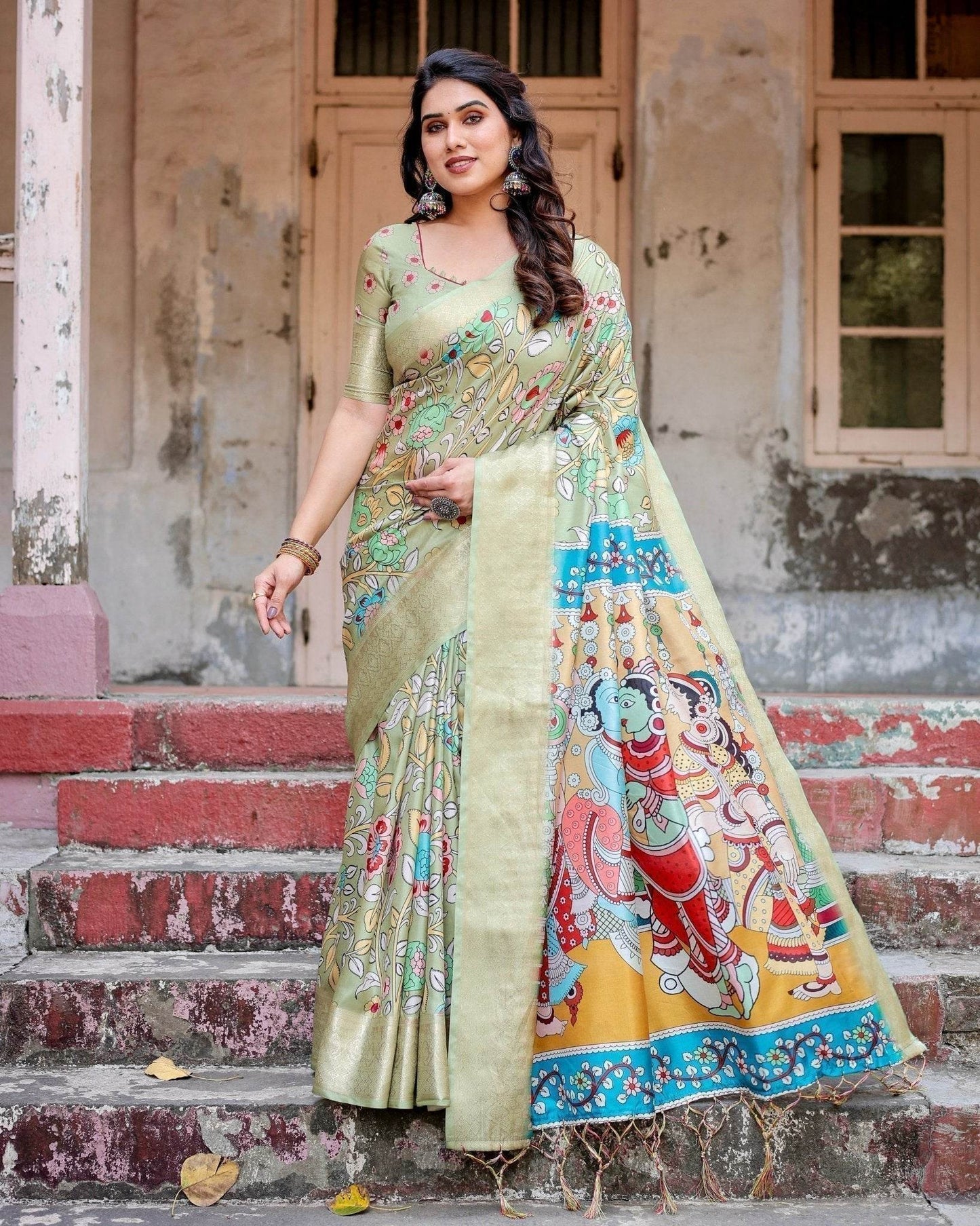 Pastel Green Tussar Silk Saree with Mythological Kalamkari Pallu and Zari Border - SEEANS