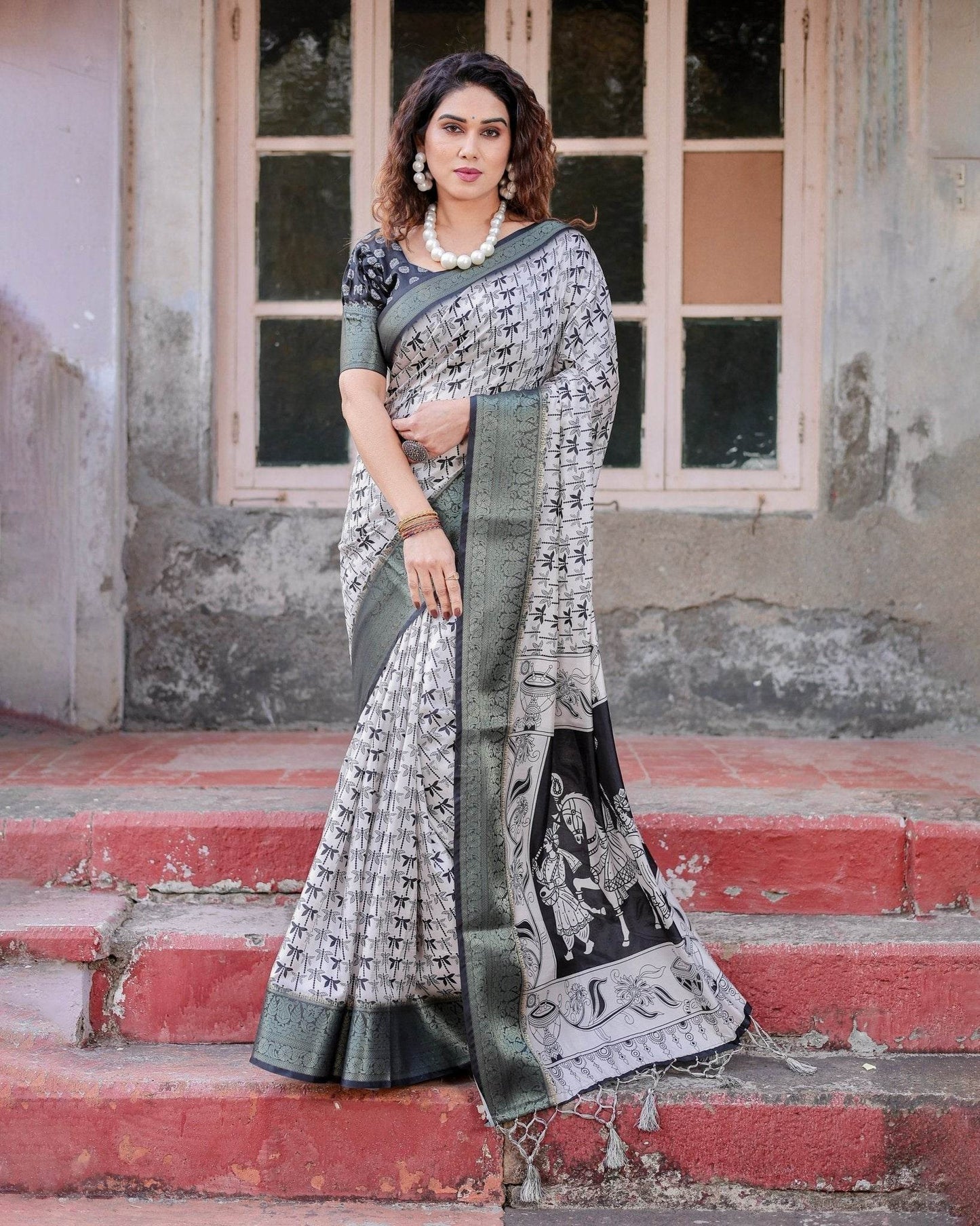 Monochrome White and Black Tussar Silk Saree with Tribal Art Motifs and Zari Border - SEEANS
