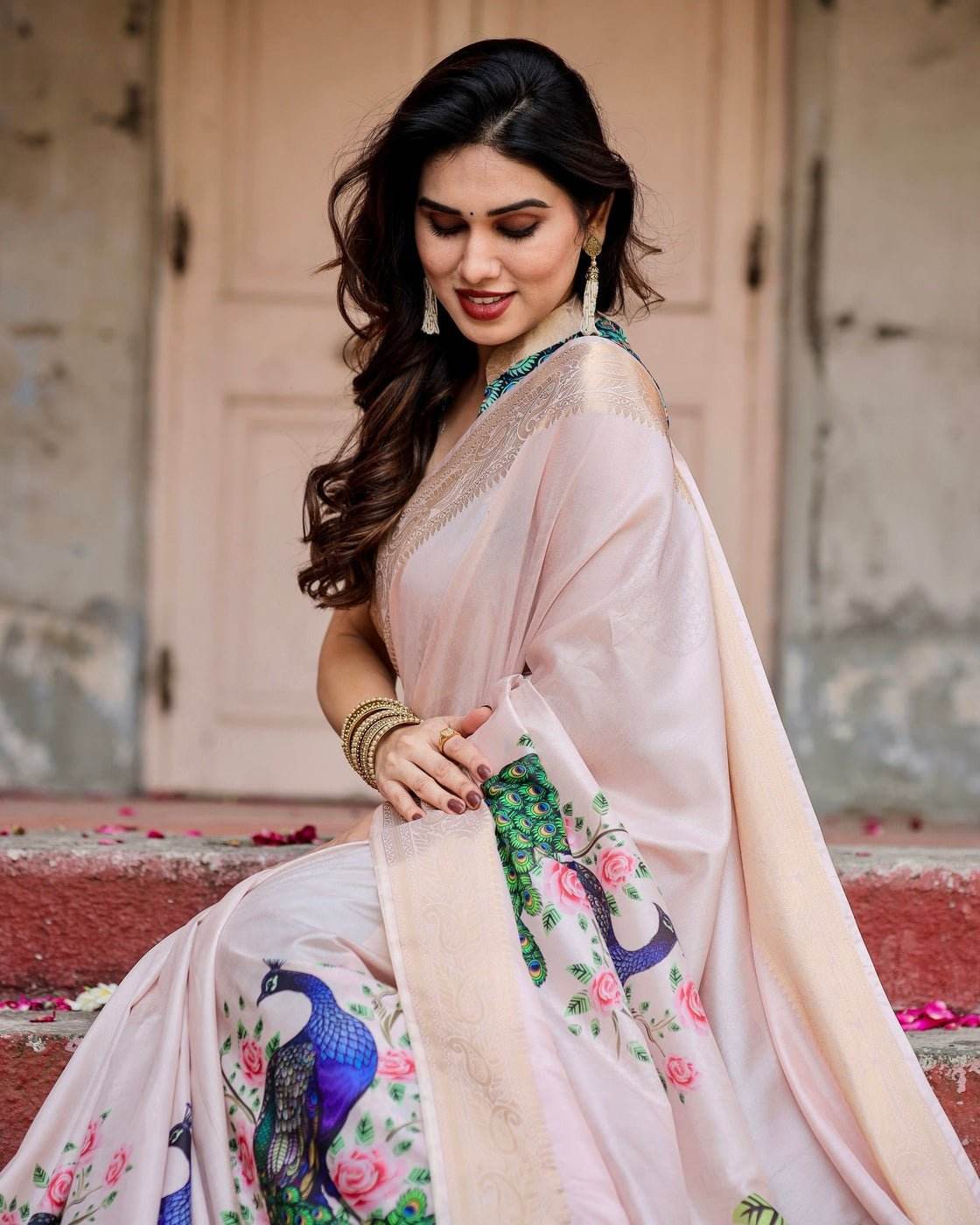 Soft Pastel Pink Tussar Silk Saree with Hand-Painted Peacock and Floral Motifs - SEEANS