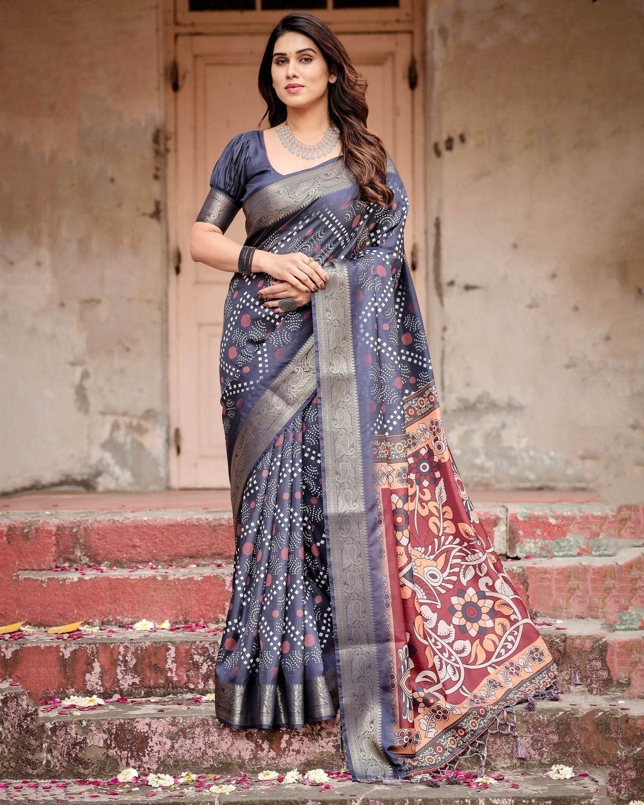 Navy Blue Tussar Silk Saree with Geometric Patterns, Zari Border, and Vibrant Pallu - SEEANS