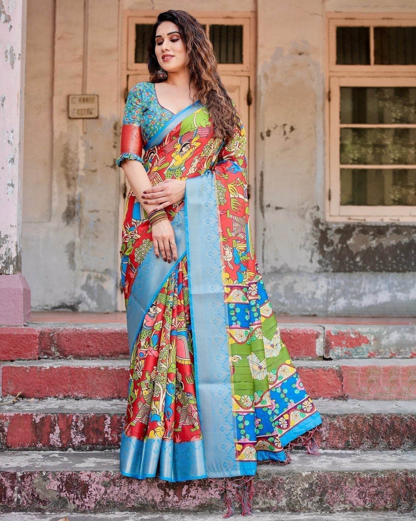 Multicolor Folk Art Inspired Digital Print Tussar Silk Saree with Sky Blue Zari Border - SEEANS
