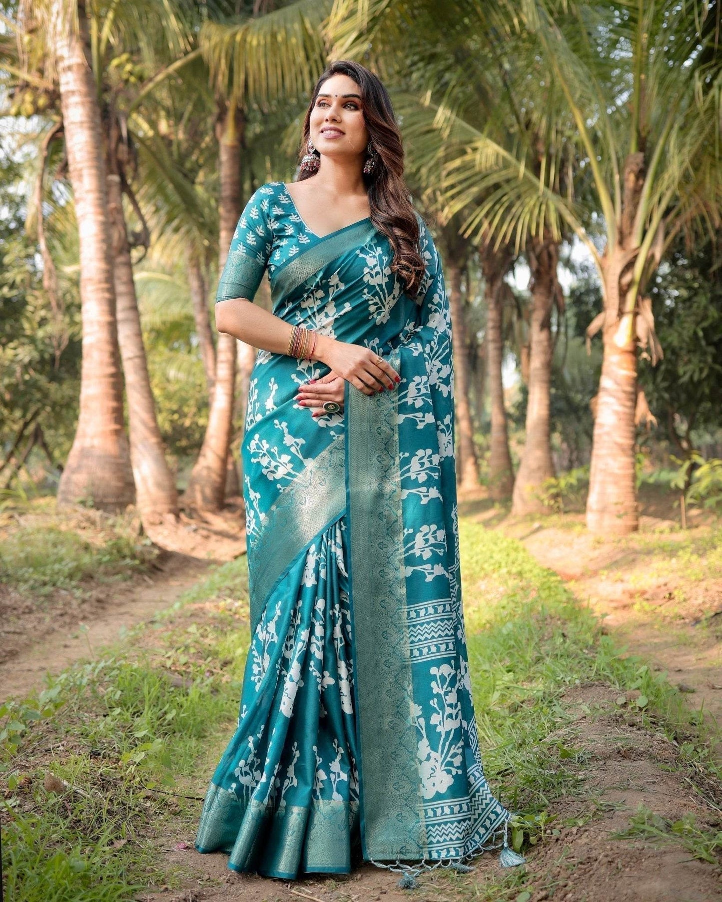Teal Blue Tussar Silk Saree with White Floral Design, Gold Zari Border & Tassel Pallu - SEEANS