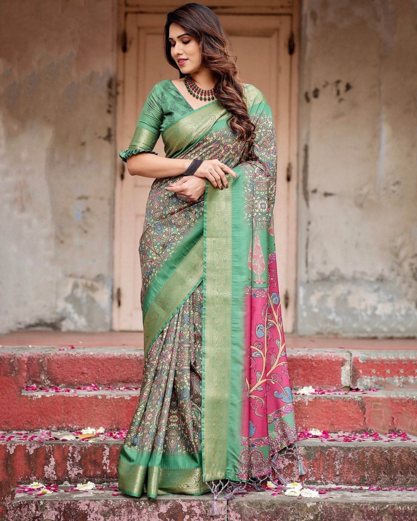 Emerald Green & Magenta Tussar Silk Saree with Zari Weave and Tassel Finish - SEEANS