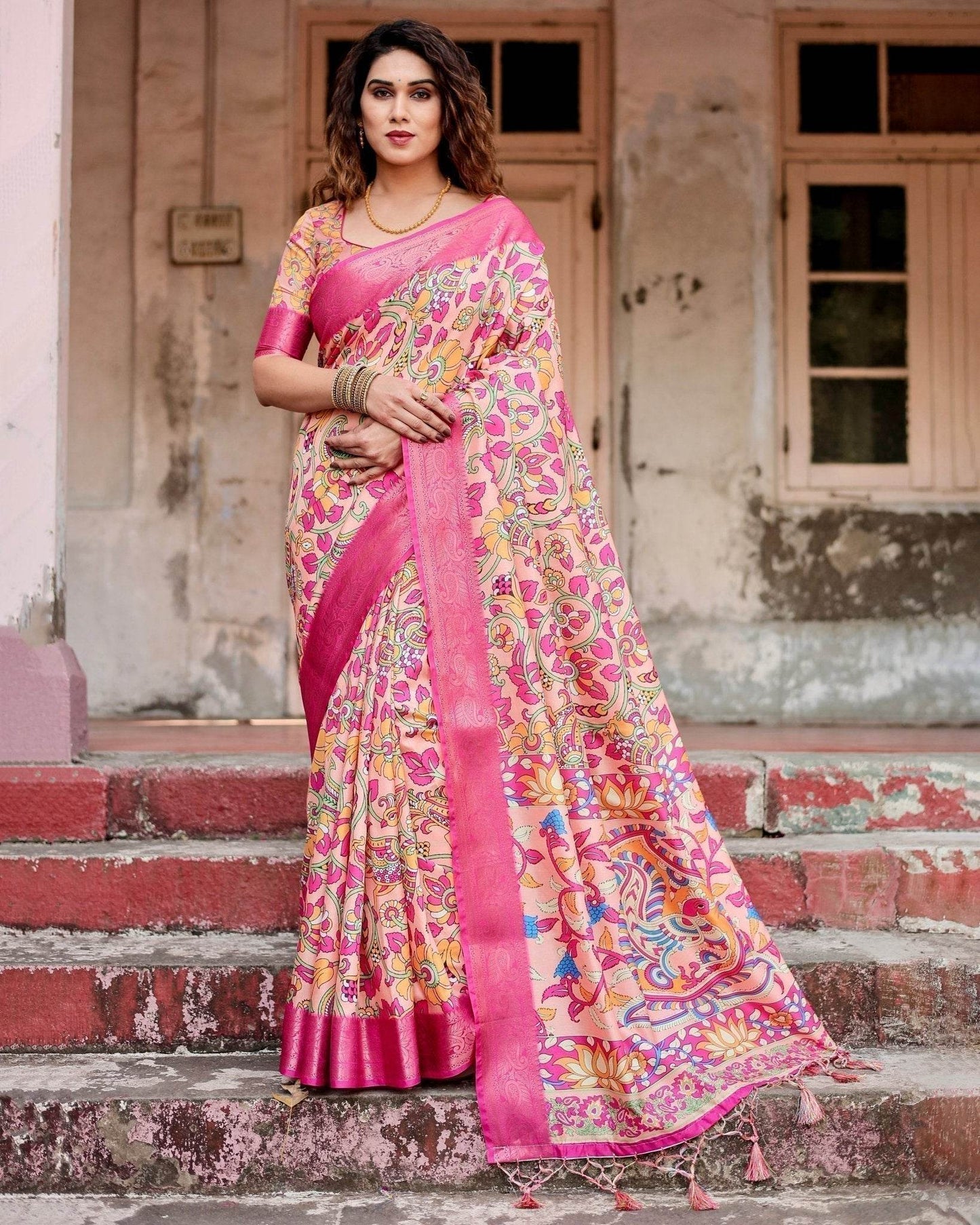 Peach and Fuchsia Floral Digital Print Tussar Silk Saree with Zari Border and Paisley Pallu - SEEANS