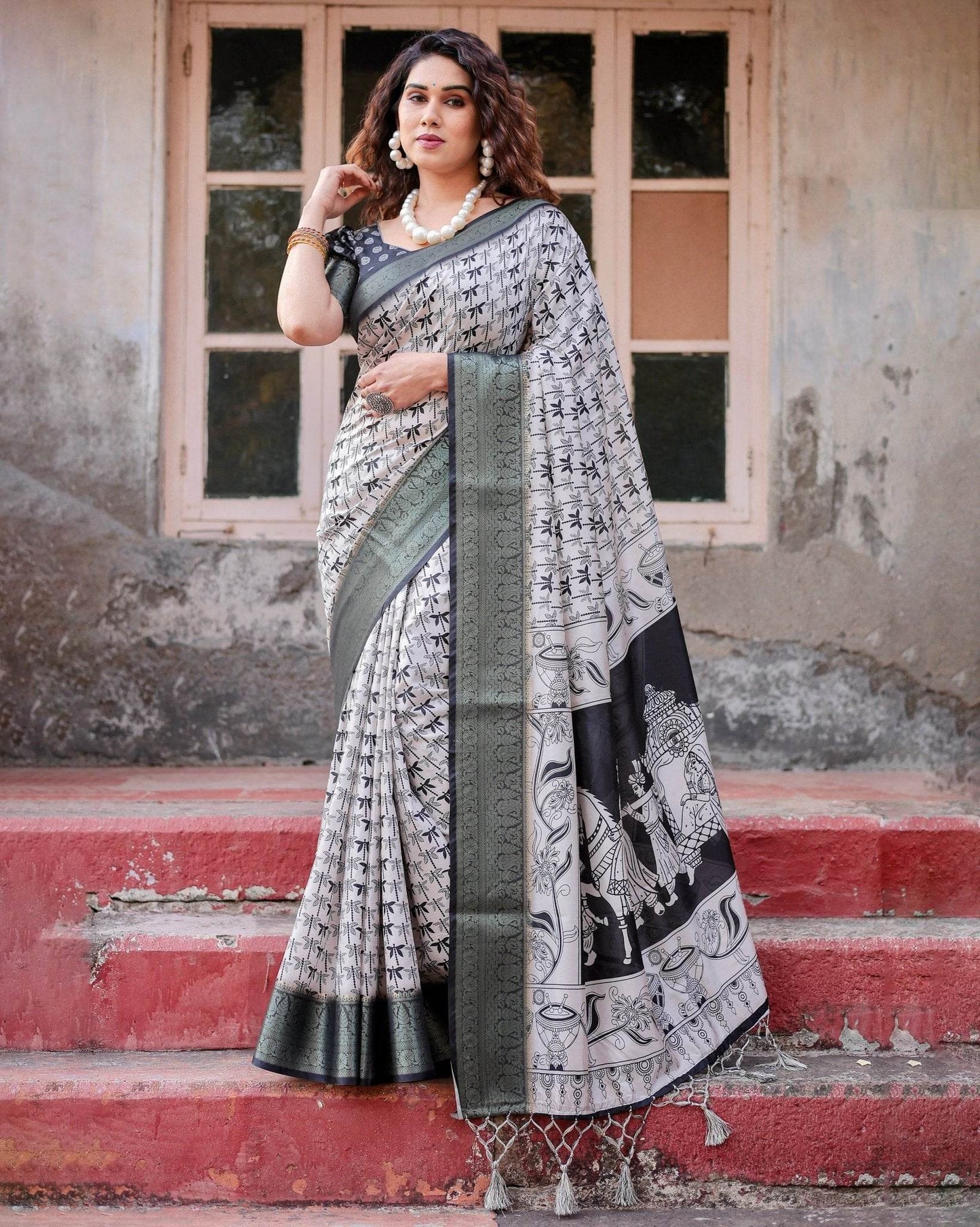 Monochrome White and Black Tussar Silk Saree with Tribal Art Motifs and Zari Border - SEEANS