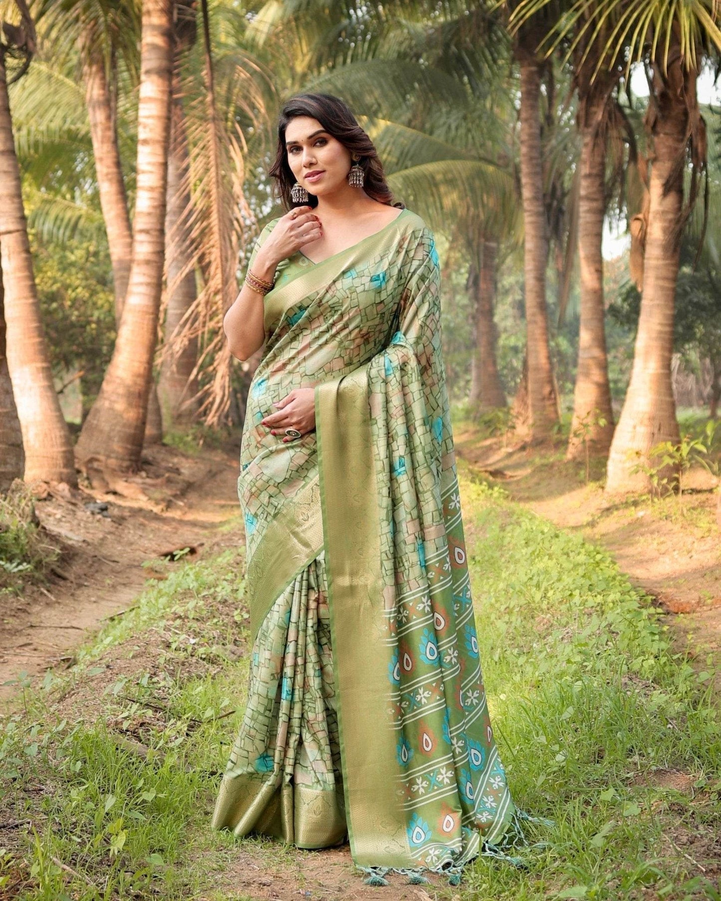 Elegant Light Green Tussar Silk Saree with Zari Motif Border and Contemporary Checkered Pallu Design - SEEANS