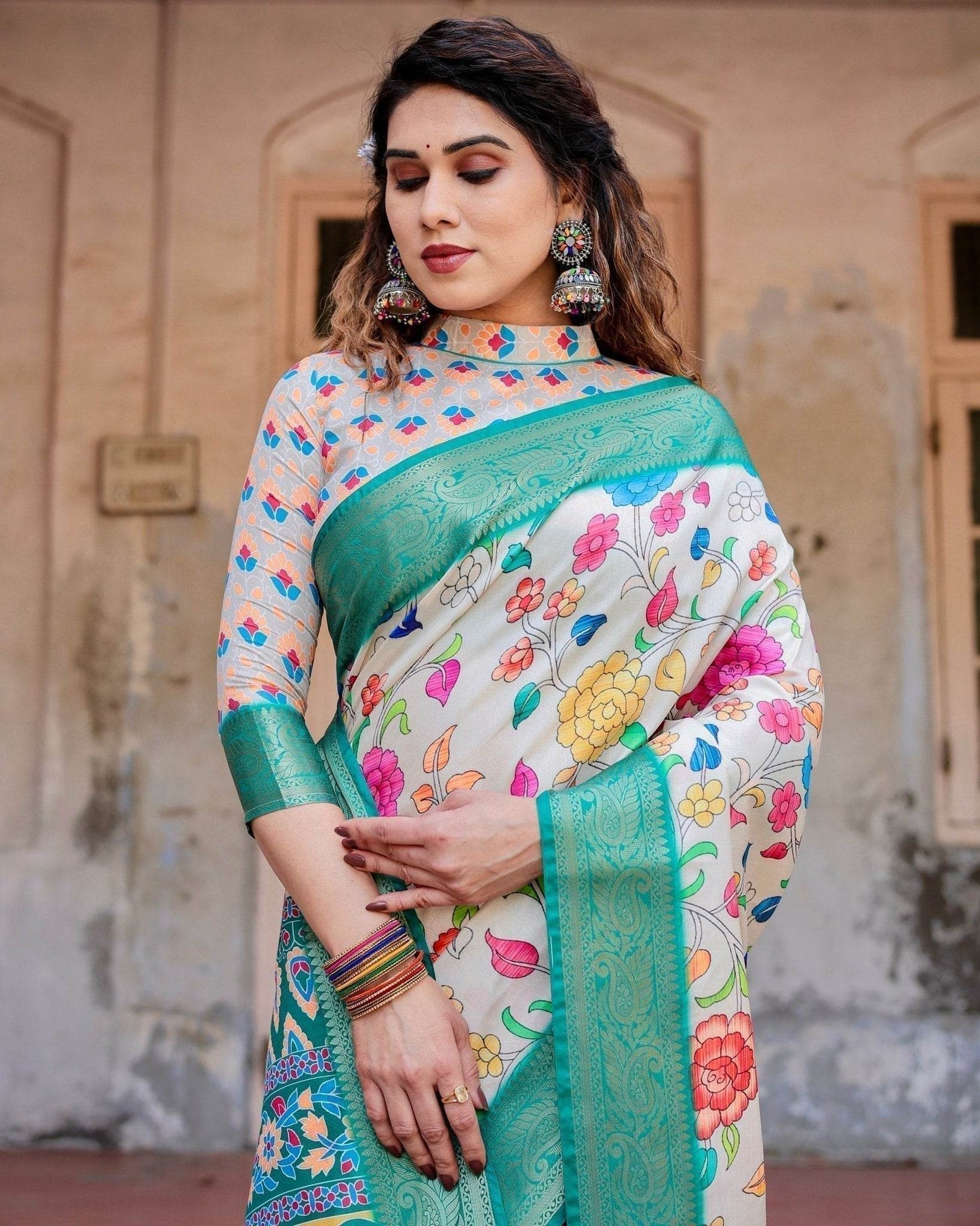Elegant Multicolor Floral Digital Print Saree with Ornate Green Border and Artistic Pallu - SEEANS