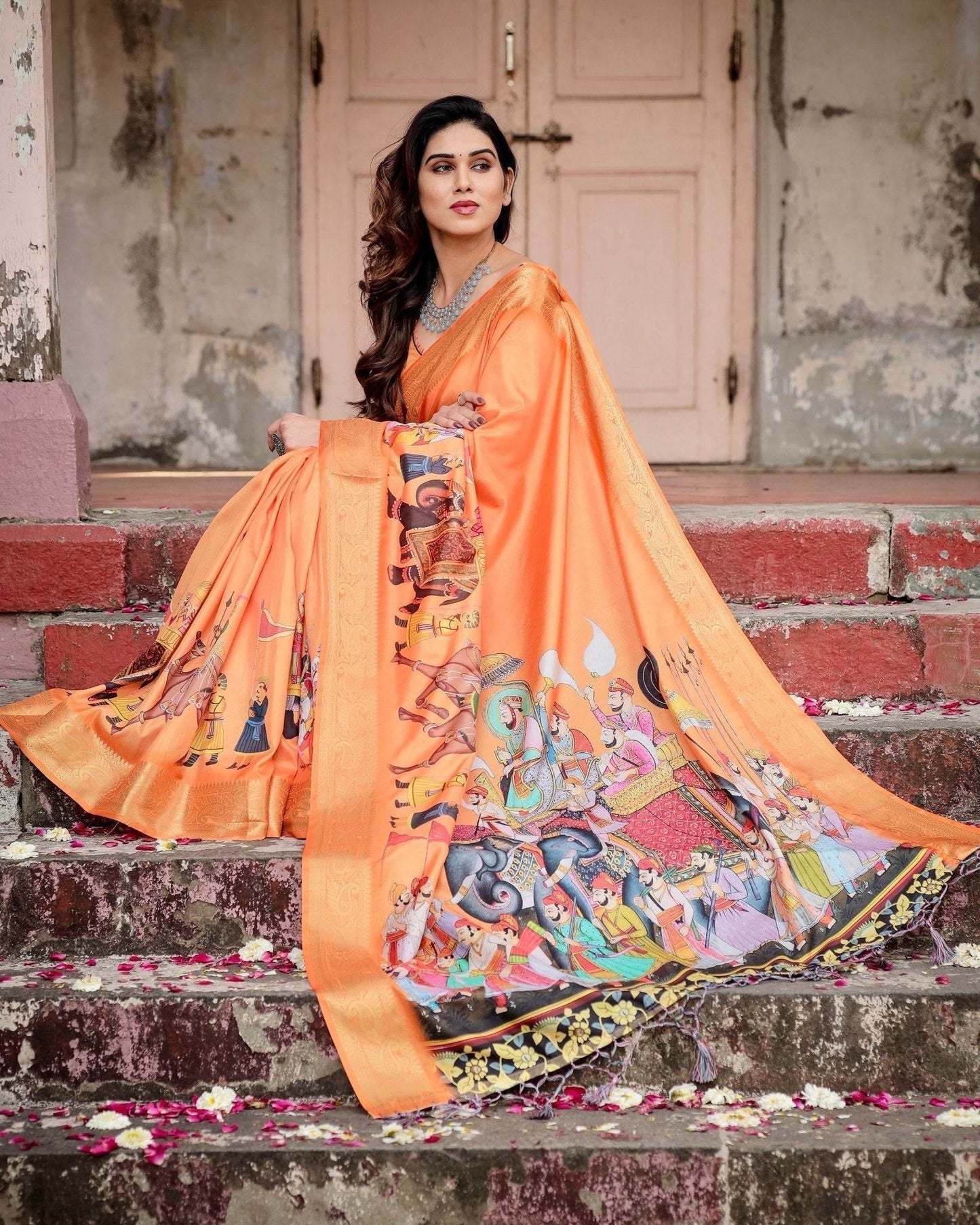 Sunset Orange Tussar Silk Saree with Royal Procession Pallu and Zari Border - SEEANS