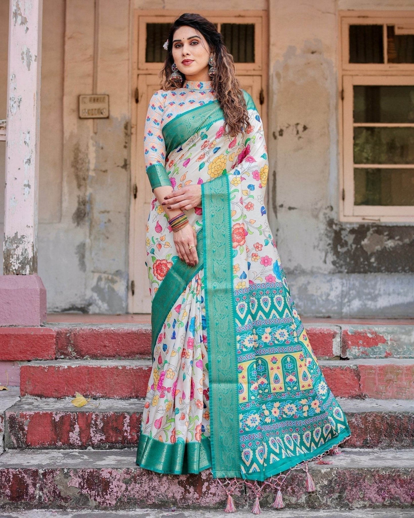 Elegant Multicolor Floral Digital Print Saree with Ornate Green Border and Artistic Pallu - SEEANS