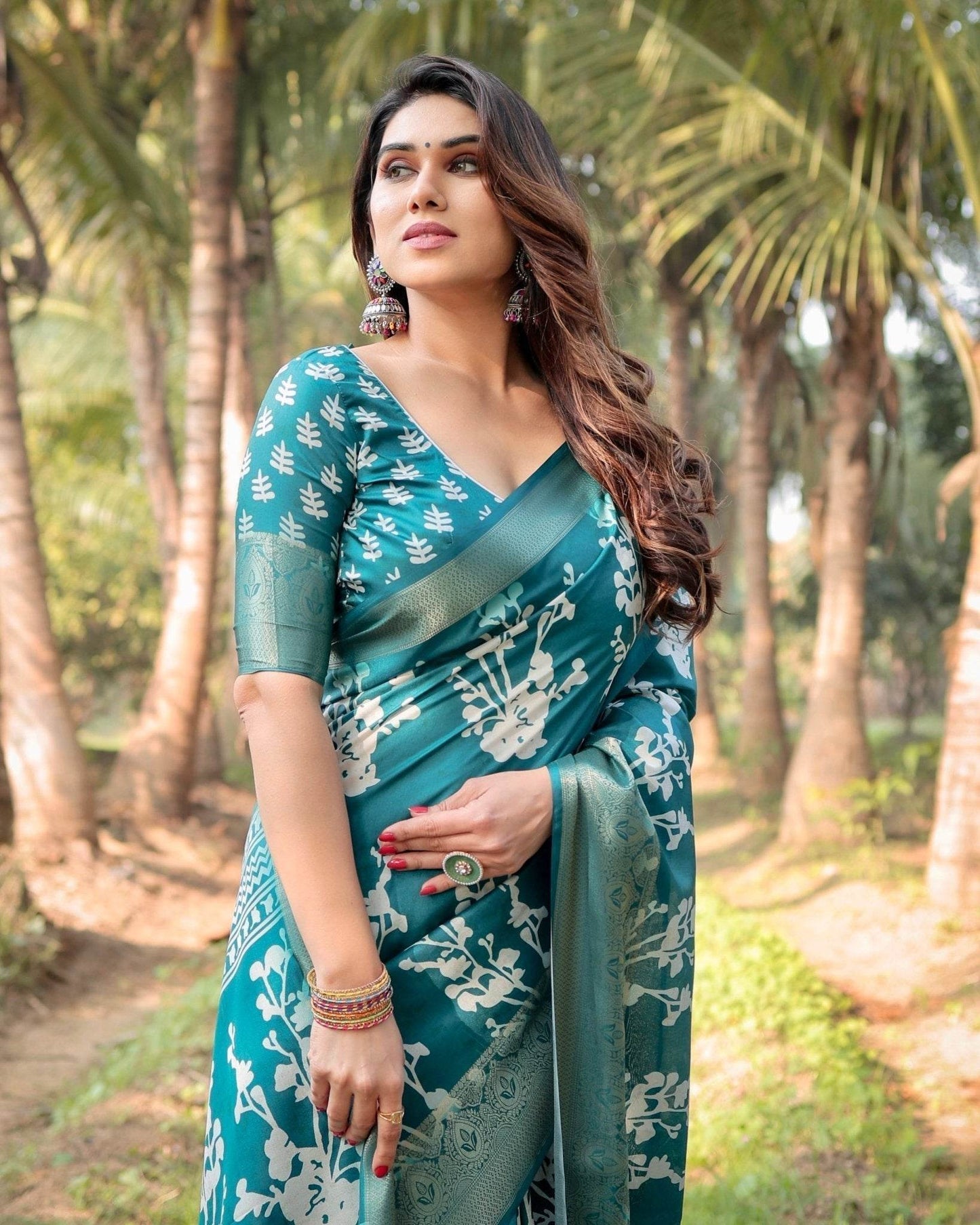 Teal Blue Tussar Silk Saree with White Floral Design, Gold Zari Border & Tassel Pallu - SEEANS