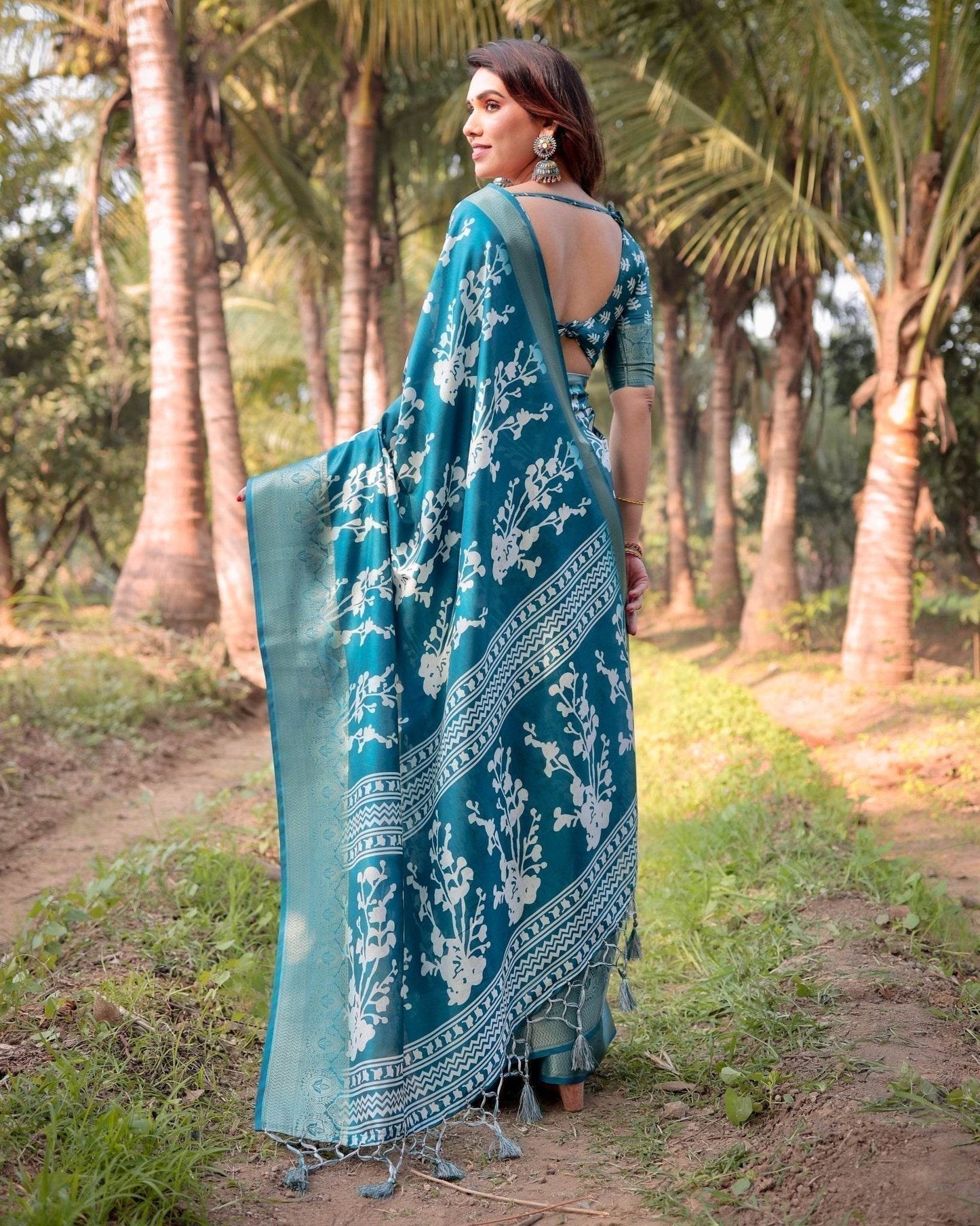 Teal Blue Tussar Silk Saree with White Floral Design, Gold Zari Border & Tassel Pallu - SEEANS