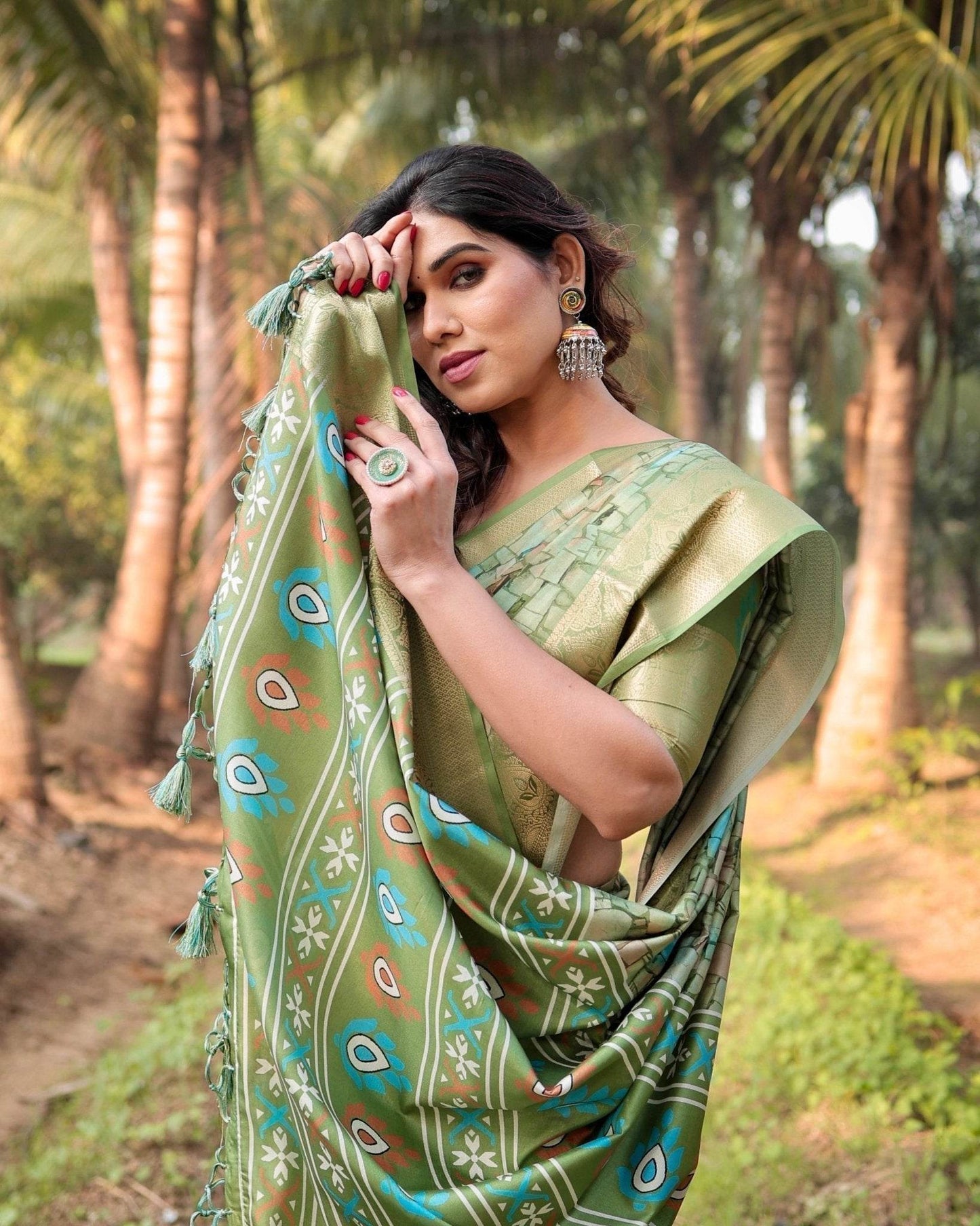Elegant Light Green Tussar Silk Saree with Zari Motif Border and Contemporary Checkered Pallu Design - SEEANS