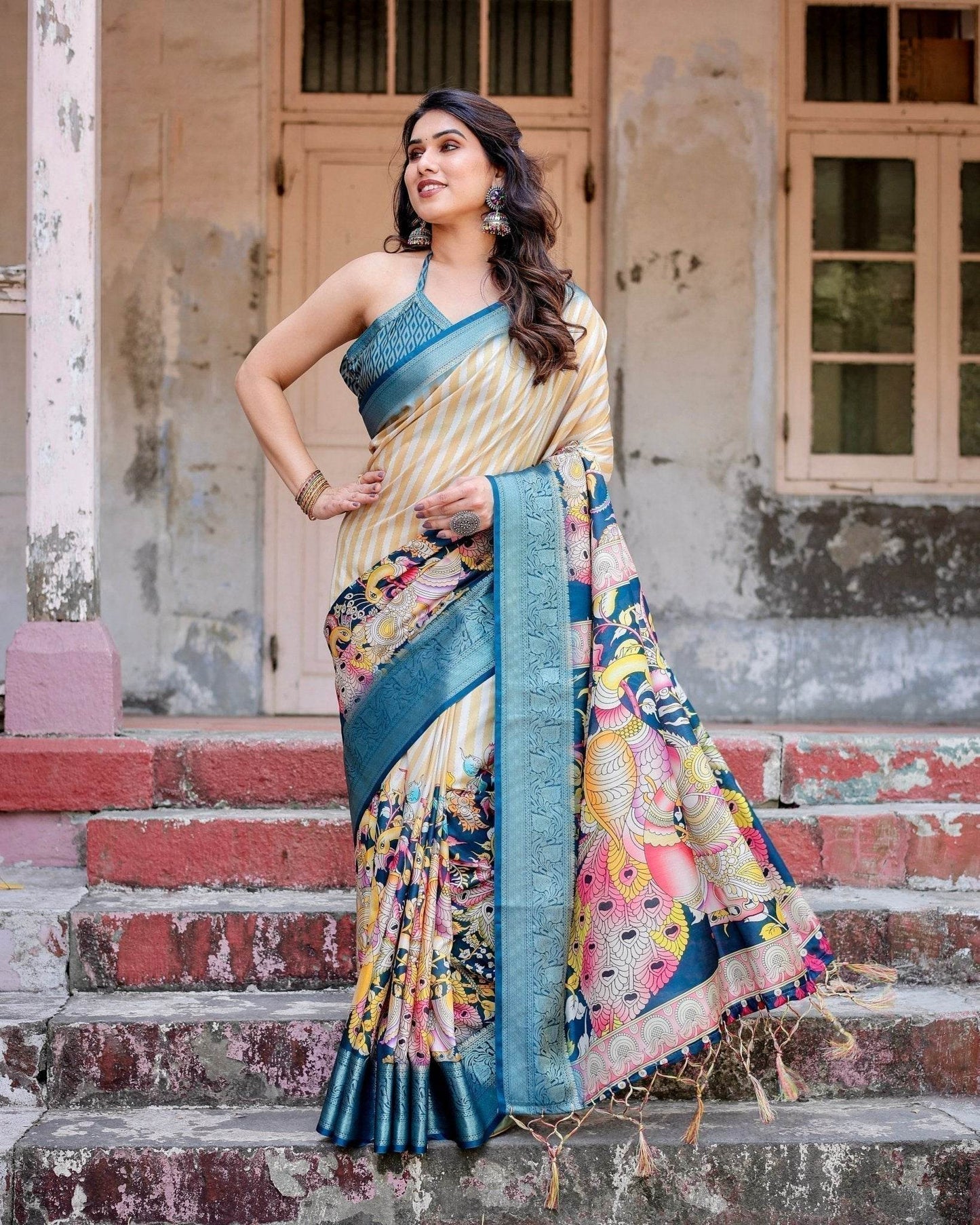 Beige & Teal Tussar Silk Saree with Intricate Kalamkari and Zari Border - SEEANS
