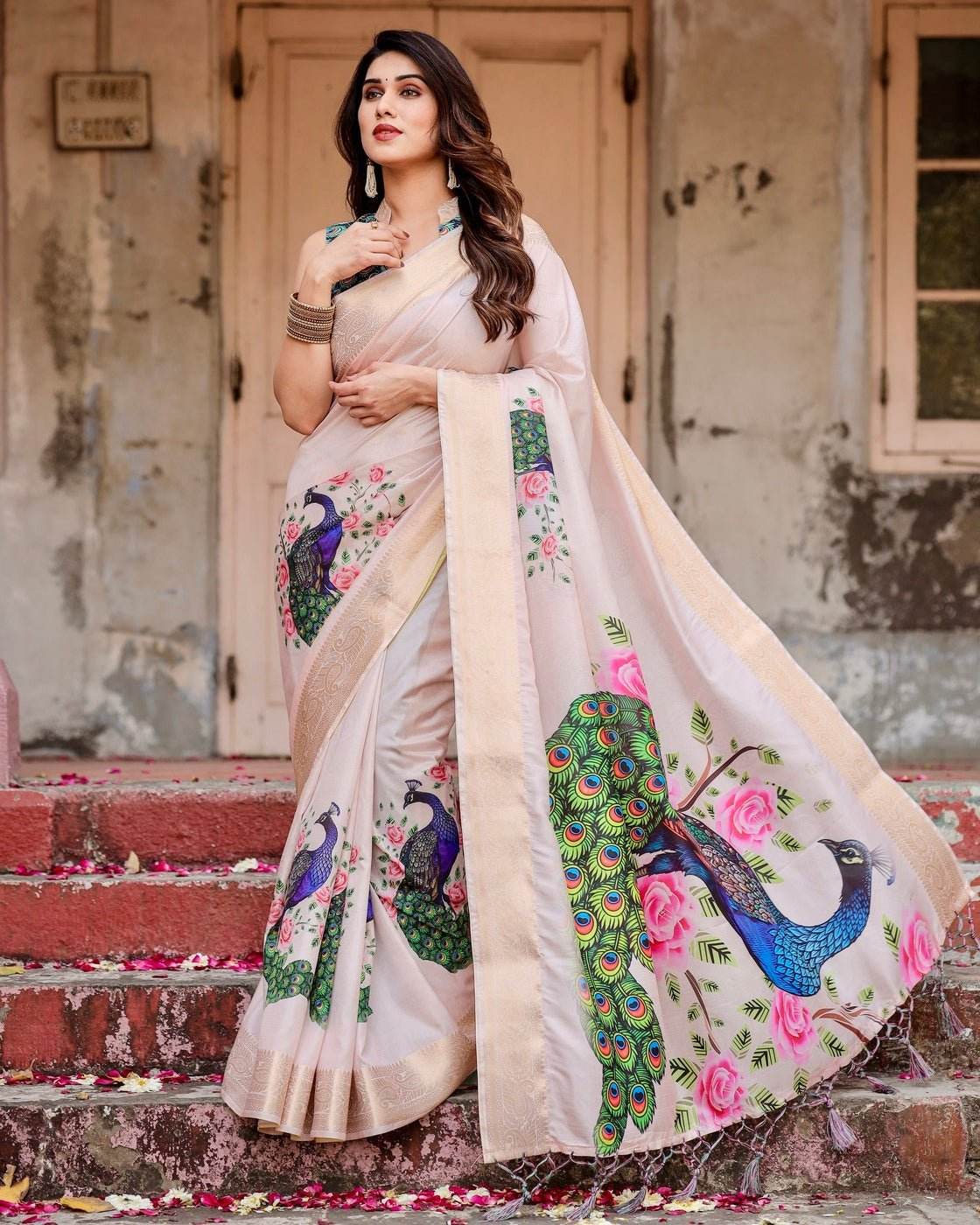Soft Pastel Pink Tussar Silk Saree with Hand-Painted Peacock and Floral Motifs - SEEANS