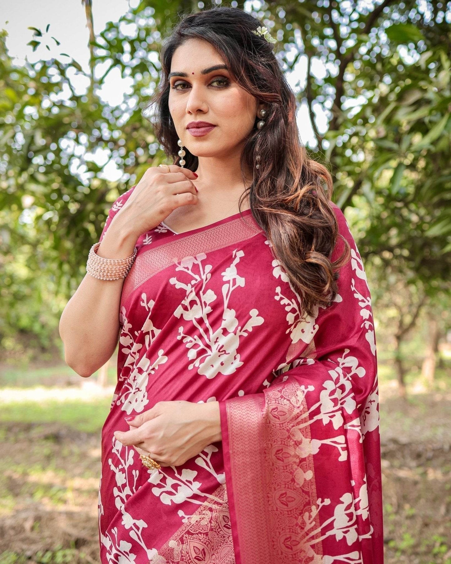 Maroon Tussar Silk Saree with White Floral Motifs, Intricate Zari Border, and Elegant Tassel Pallu - SEEANS