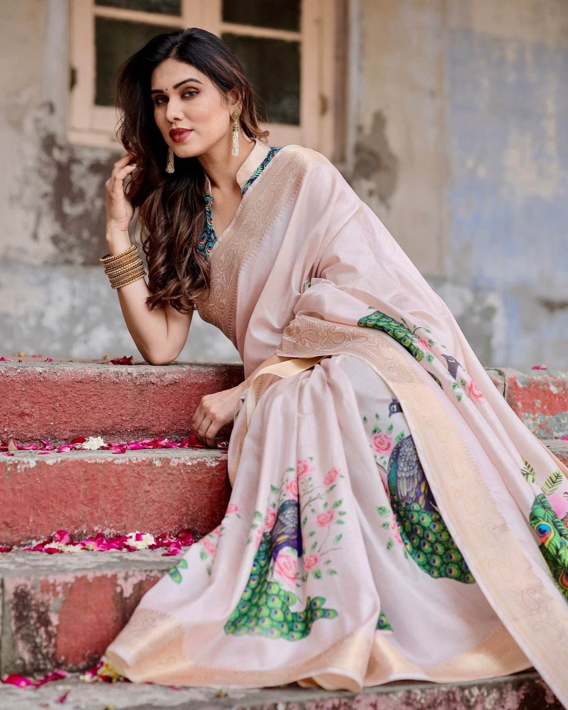 Soft Pastel Pink Tussar Silk Saree with Hand-Painted Peacock and Floral Motifs - SEEANS