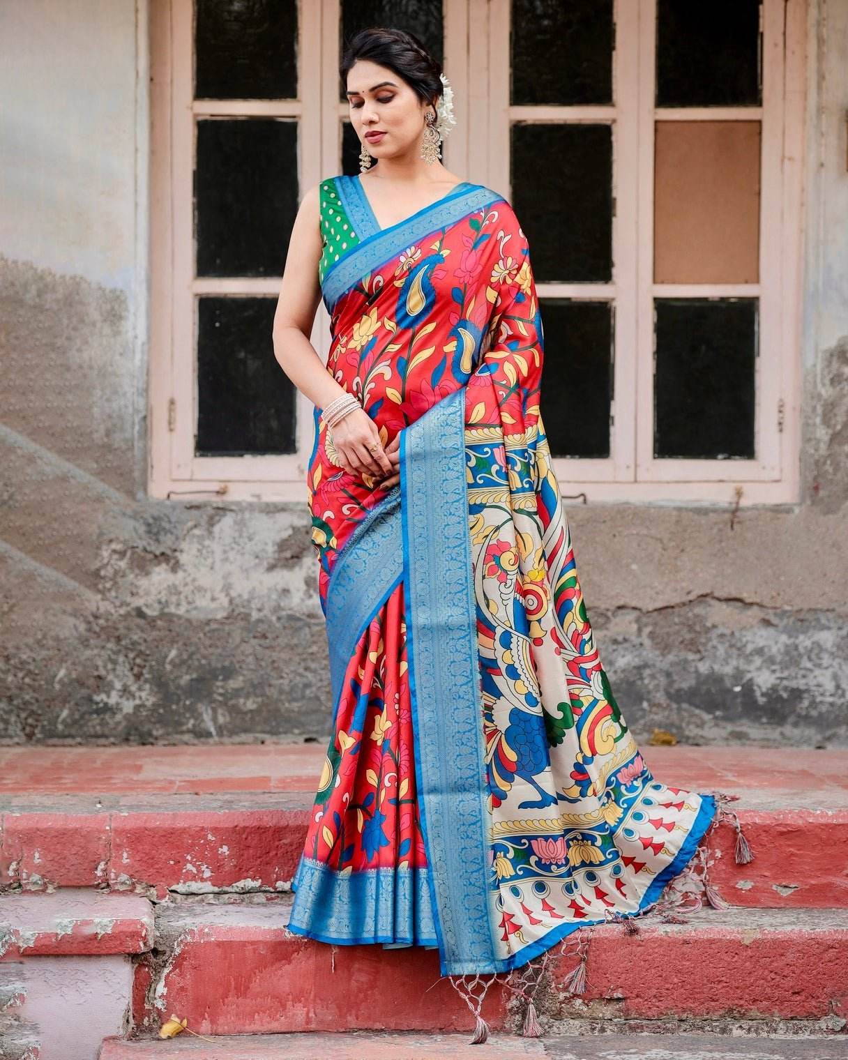 Multicolor Tussar Silk Saree with Vibrant Peacock and Floral Motifs - SEEANS