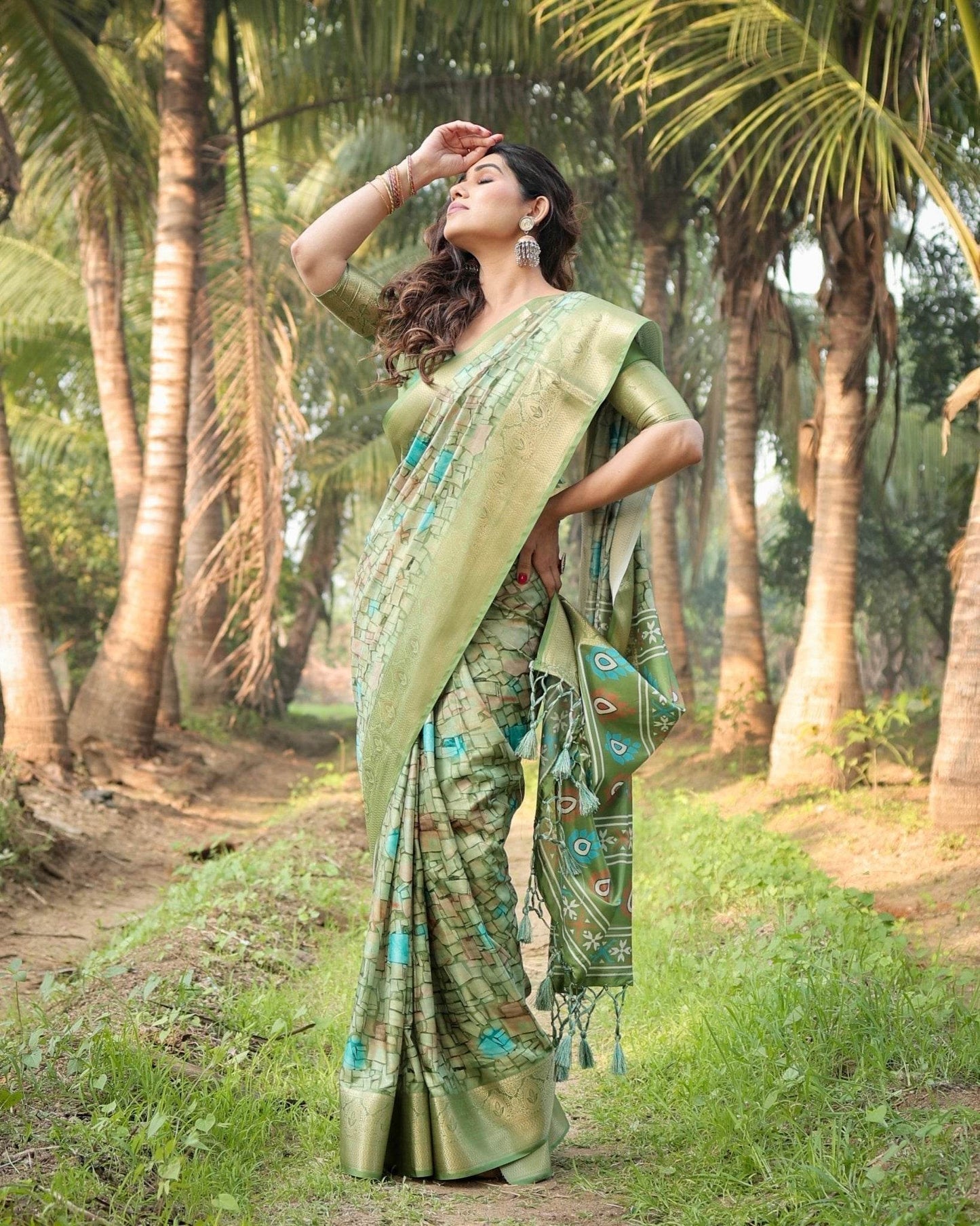 Elegant Light Green Tussar Silk Saree with Zari Motif Border and Contemporary Checkered Pallu Design - SEEANS