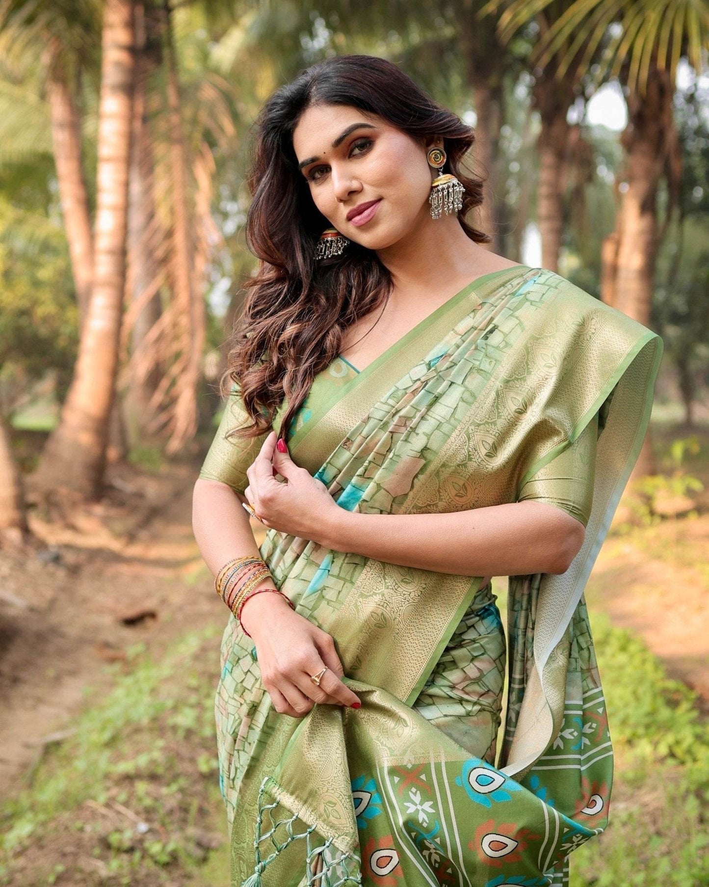 Elegant Light Green Tussar Silk Saree with Zari Motif Border and Contemporary Checkered Pallu Design - SEEANS