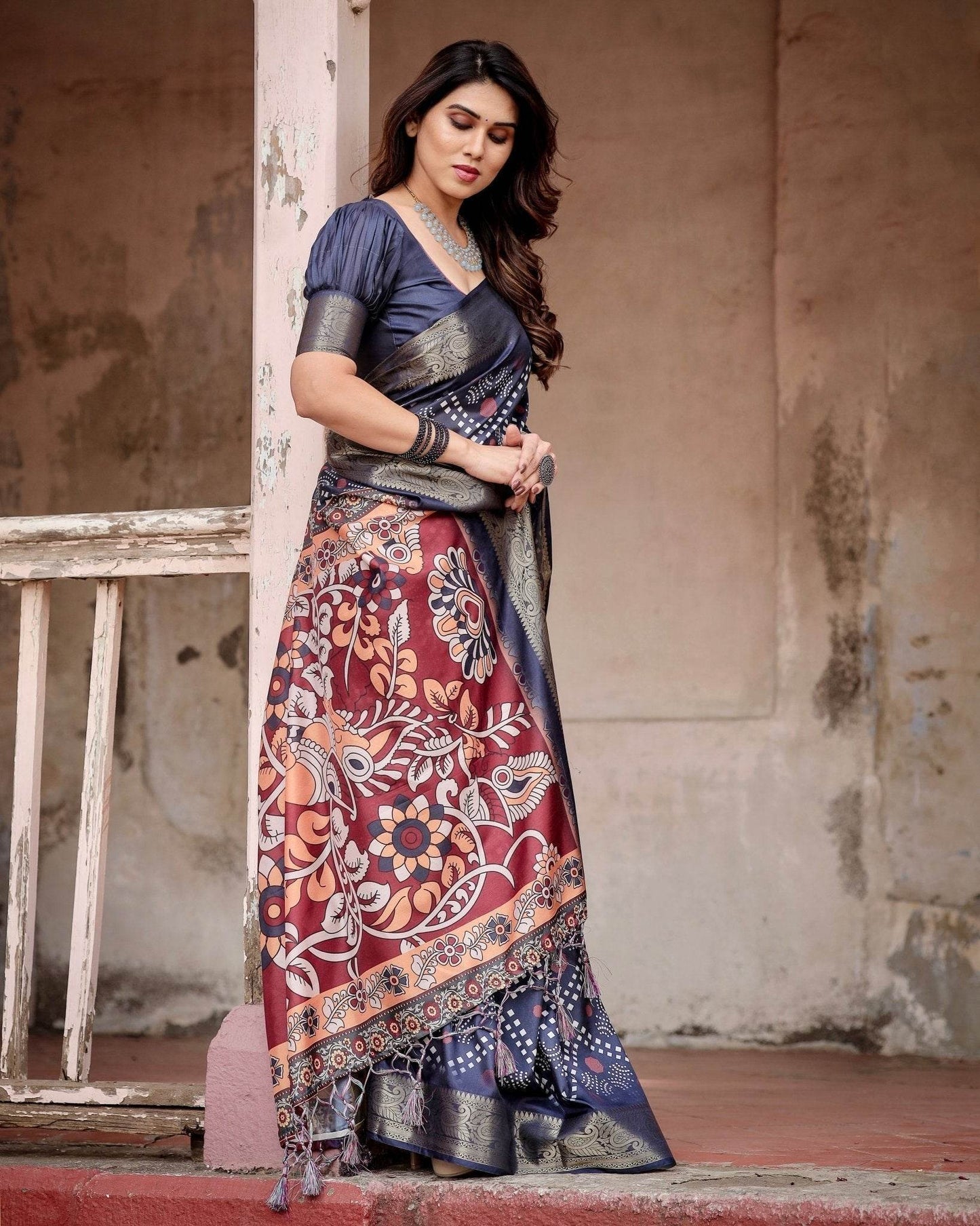 Navy Blue Tussar Silk Saree with Geometric Patterns, Zari Border, and Vibrant Pallu - SEEANS