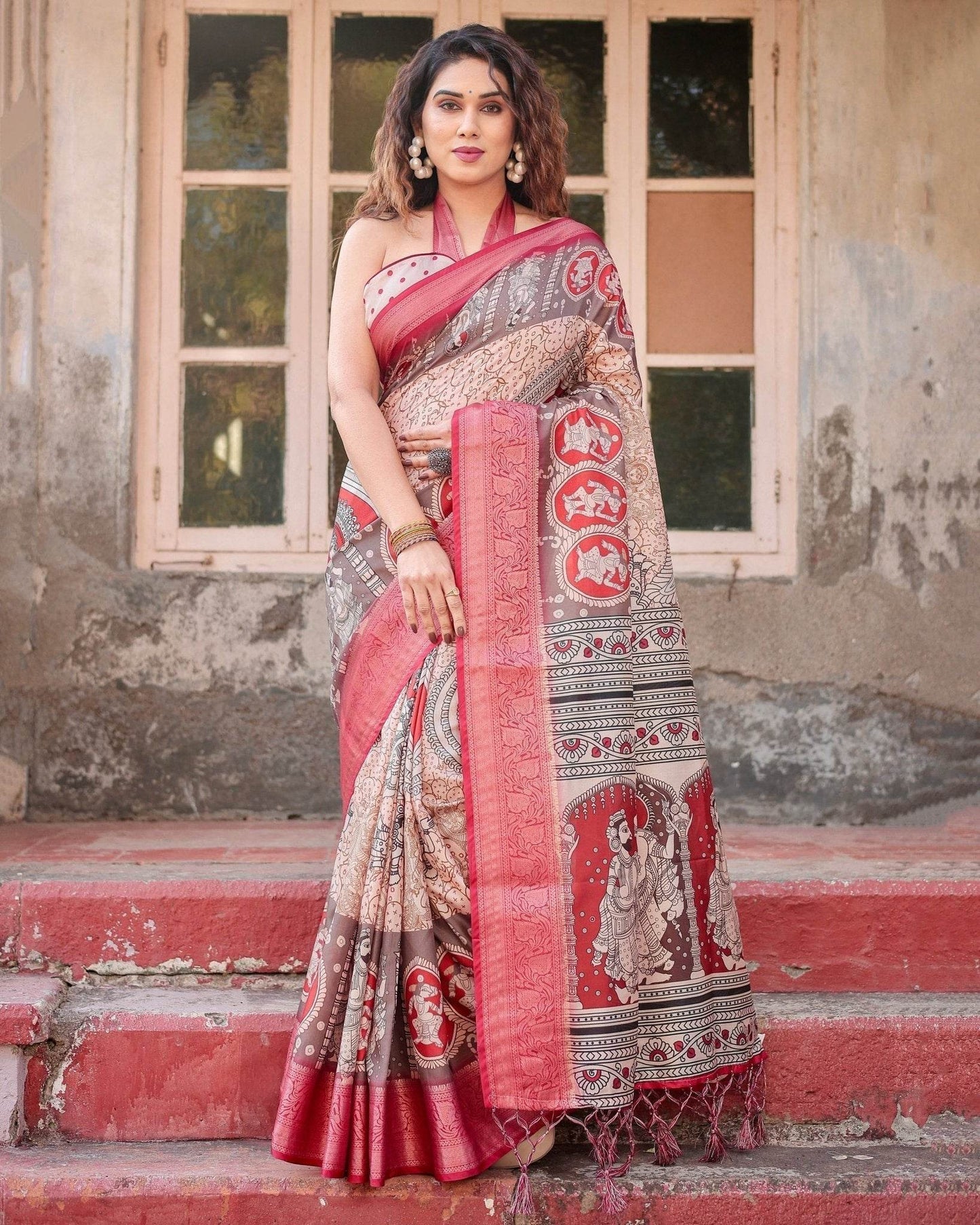 Beige and Red Tussar Silk Saree with Traditional Motifs and Ornamental Zari Border - SEEANS