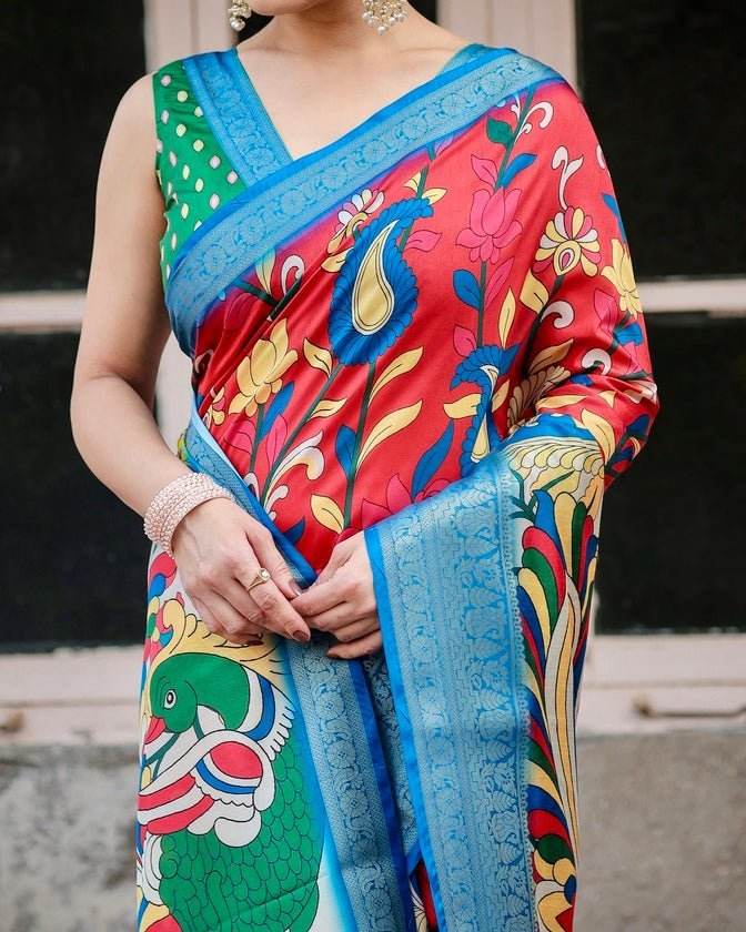 Multicolor Tussar Silk Saree with Vibrant Peacock and Floral Motifs - SEEANS