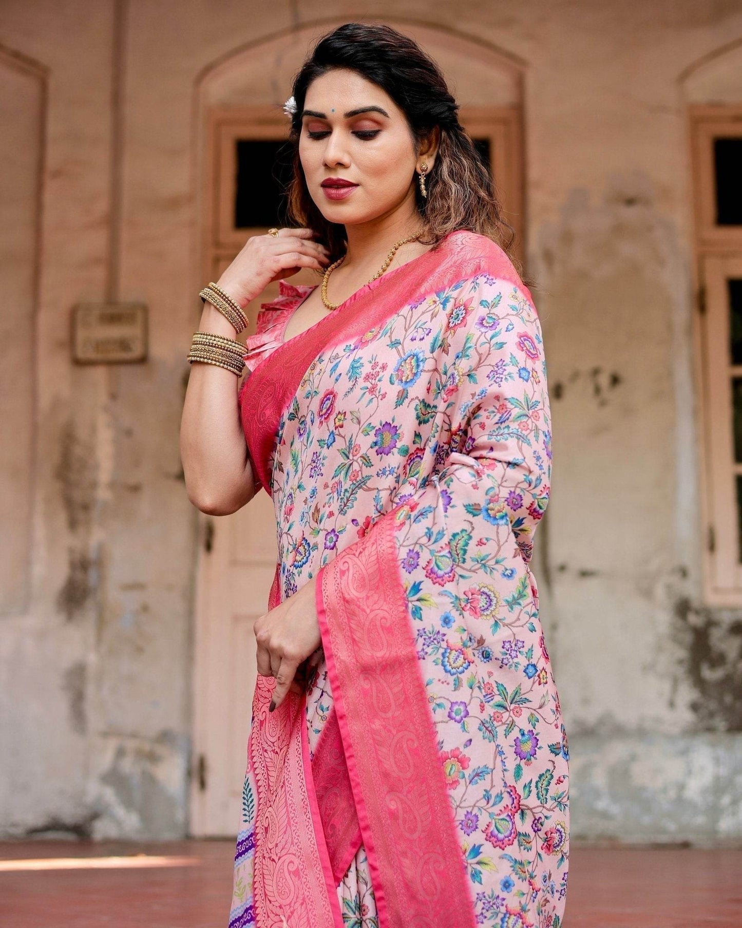 Blush Pink Tussar Silk Saree with Multicolor Floral Design and Zari Paisley Border - SEEANS