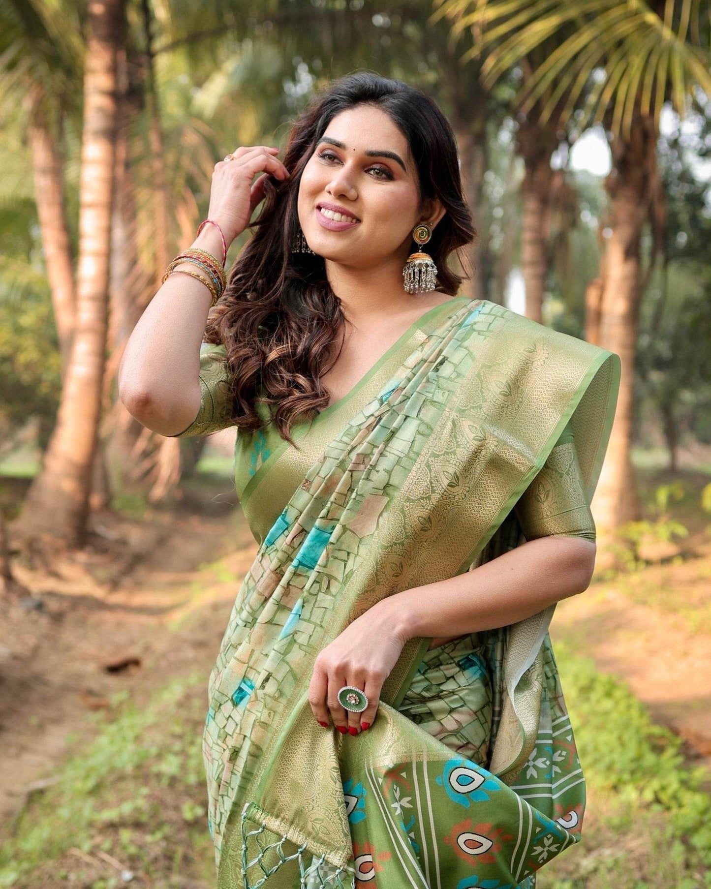 Elegant Light Green Tussar Silk Saree with Zari Motif Border and Contemporary Checkered Pallu Design - SEEANS