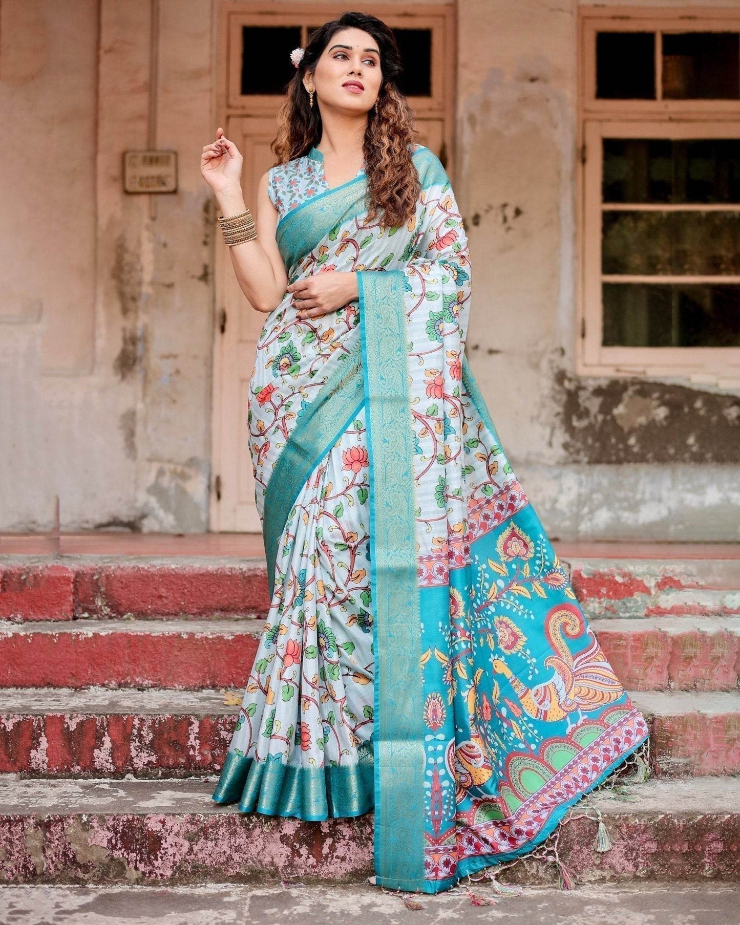Sky Blue Tussar Silk Saree with Multicolor Floral Design and Zari Paisley Border - SEEANS