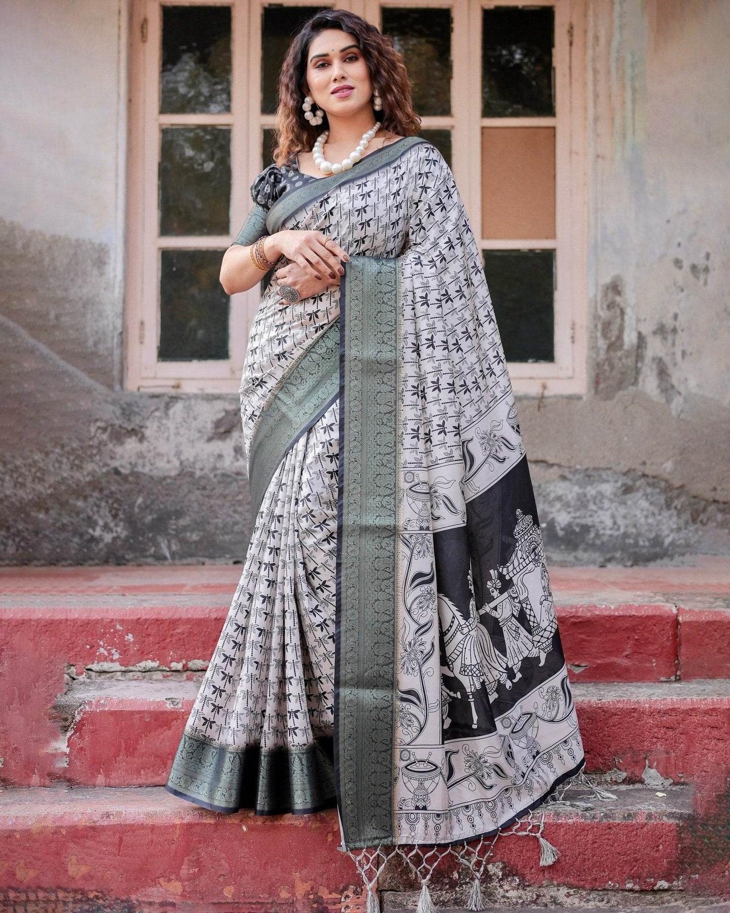 Monochrome White and Black Tussar Silk Saree with Tribal Art Motifs and Zari Border - SEEANS