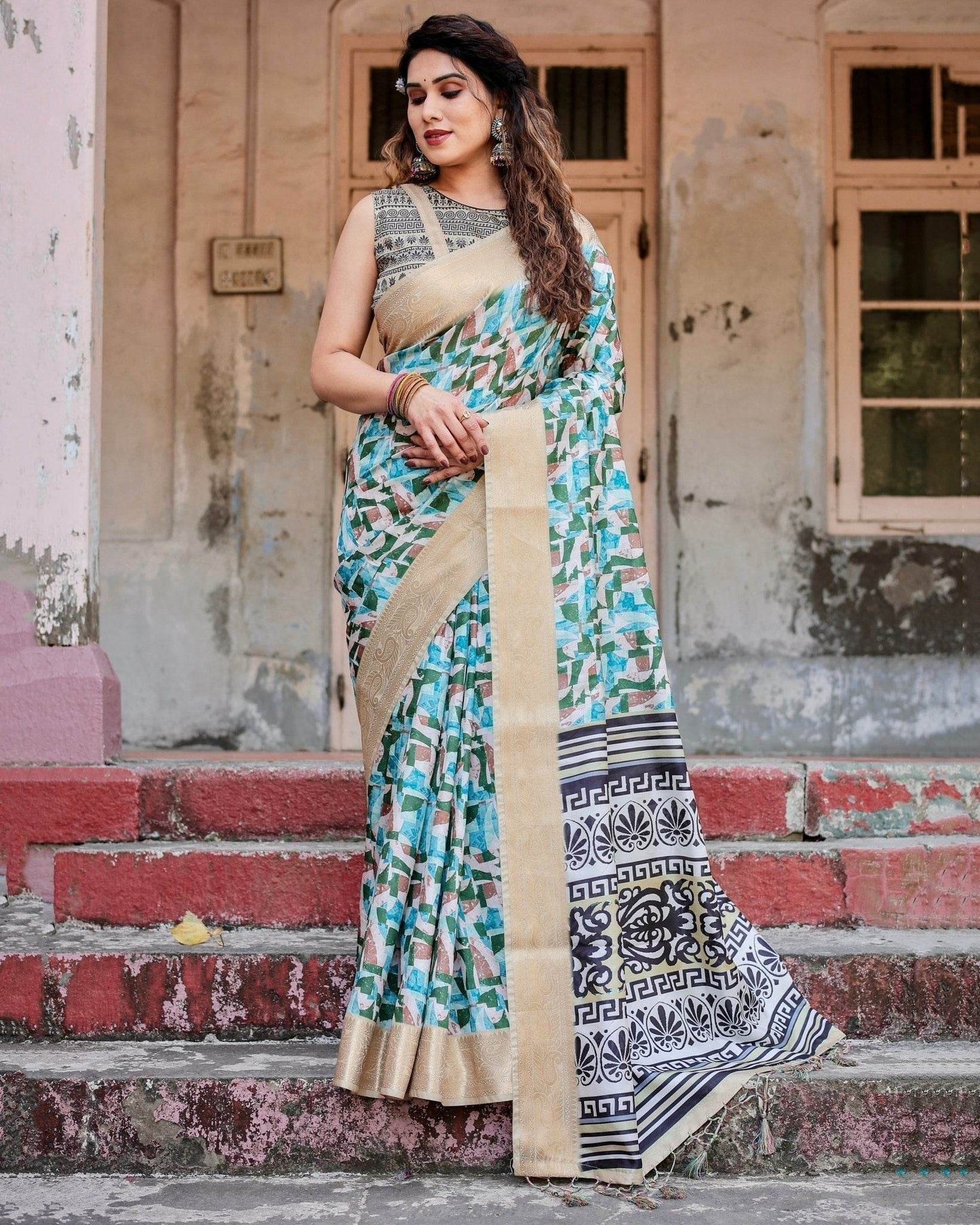 Contemporary Abstract Print Saree with Gold Border and Monochrome Patterned Pallu - SEEANS