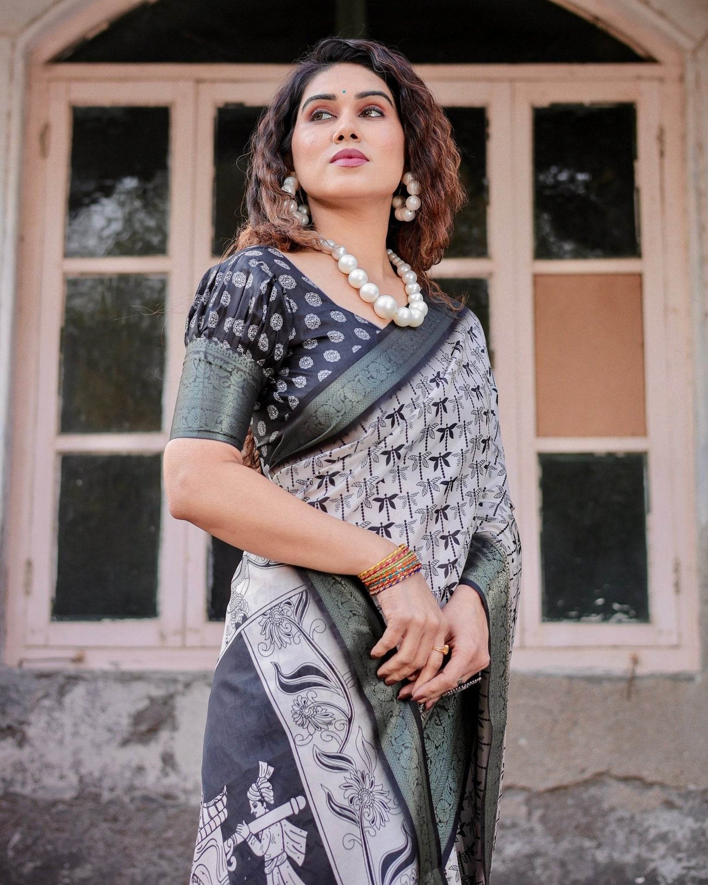 Monochrome White and Black Tussar Silk Saree with Tribal Art Motifs and Zari Border - SEEANS