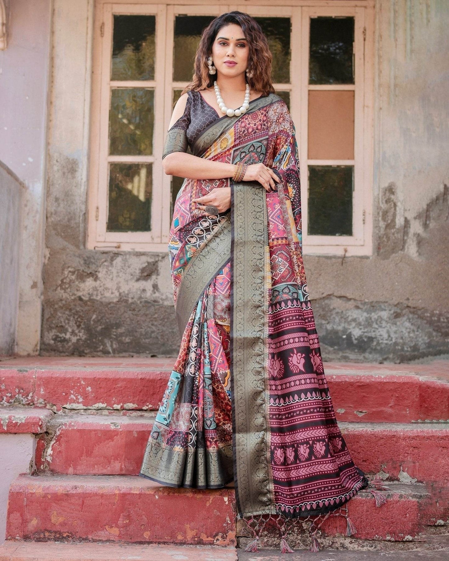 Multicolor Tussar Silk Saree with Ornamental Patchwork and Olive Zari Border - SEEANS