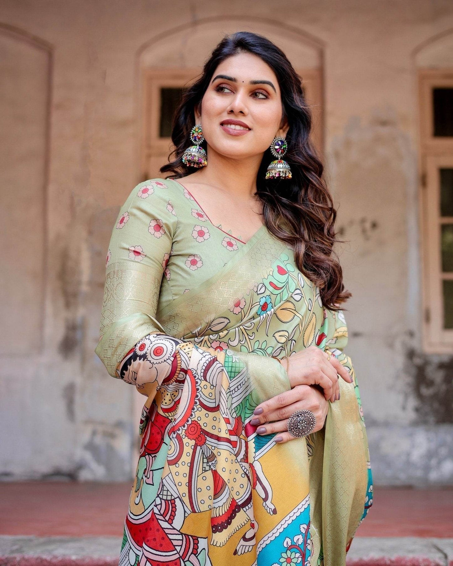 Pastel Green Tussar Silk Saree with Mythological Kalamkari Pallu and Zari Border - SEEANS