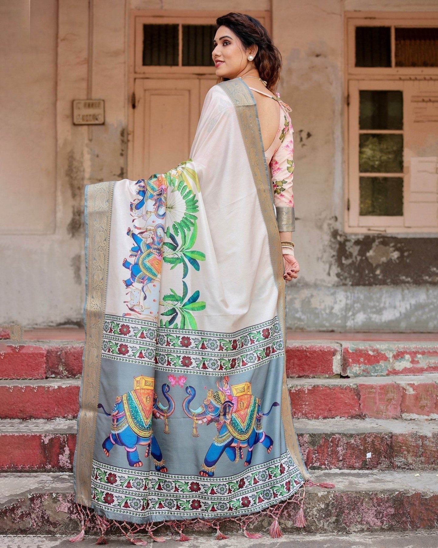 Ivory Tussar Silk Saree with Handcrafted Elephant Motif Pallu and Golden Zari Border - SEEANS