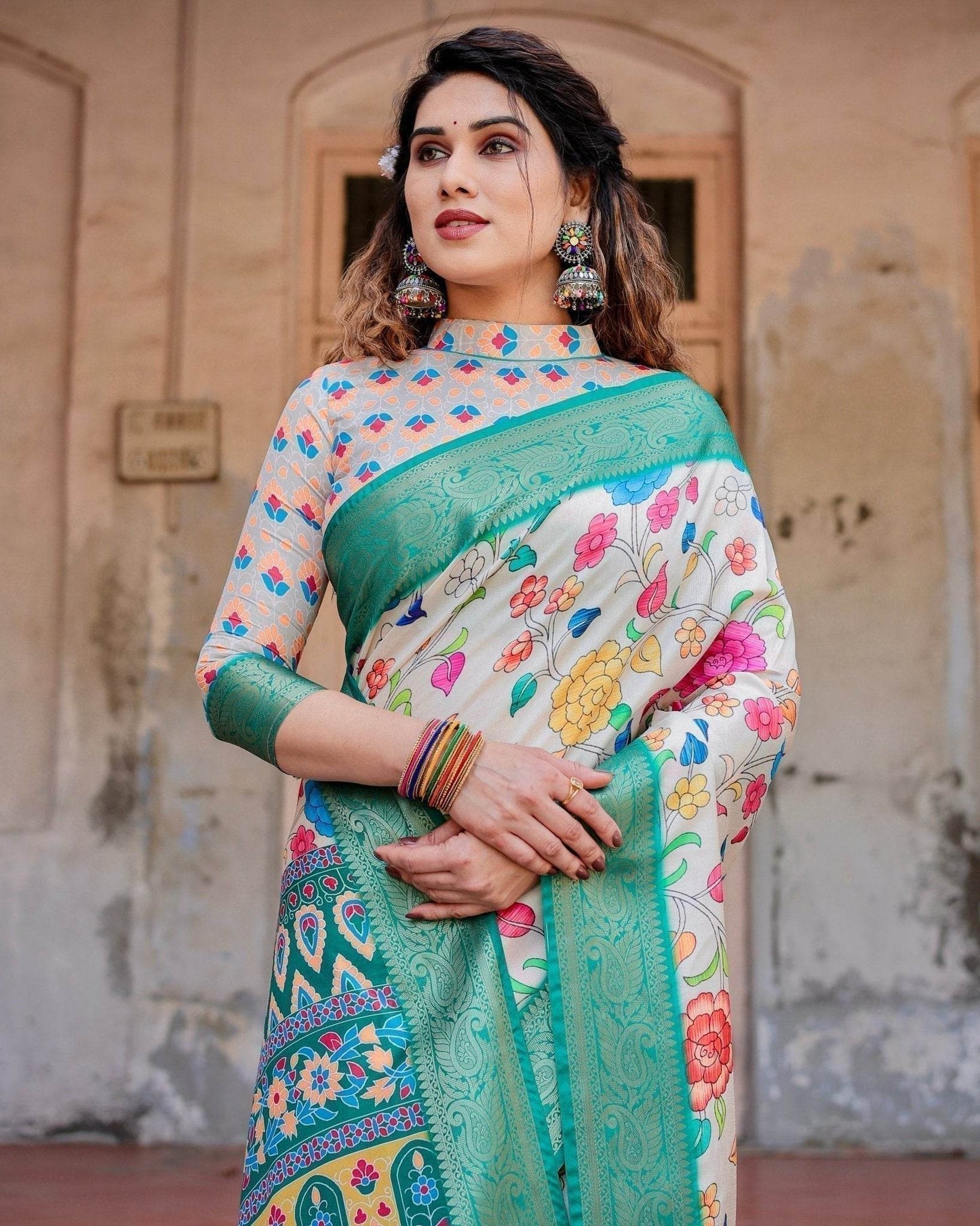 Elegant Multicolor Floral Digital Print Saree with Ornate Green Border and Artistic Pallu - SEEANS