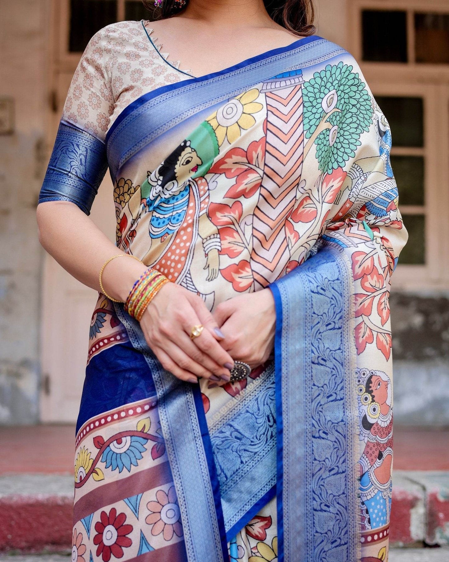 Multicolor Tussar Silk Saree with Artistic Floral Motifs and Traditional Blue Zari Border - SEEANS