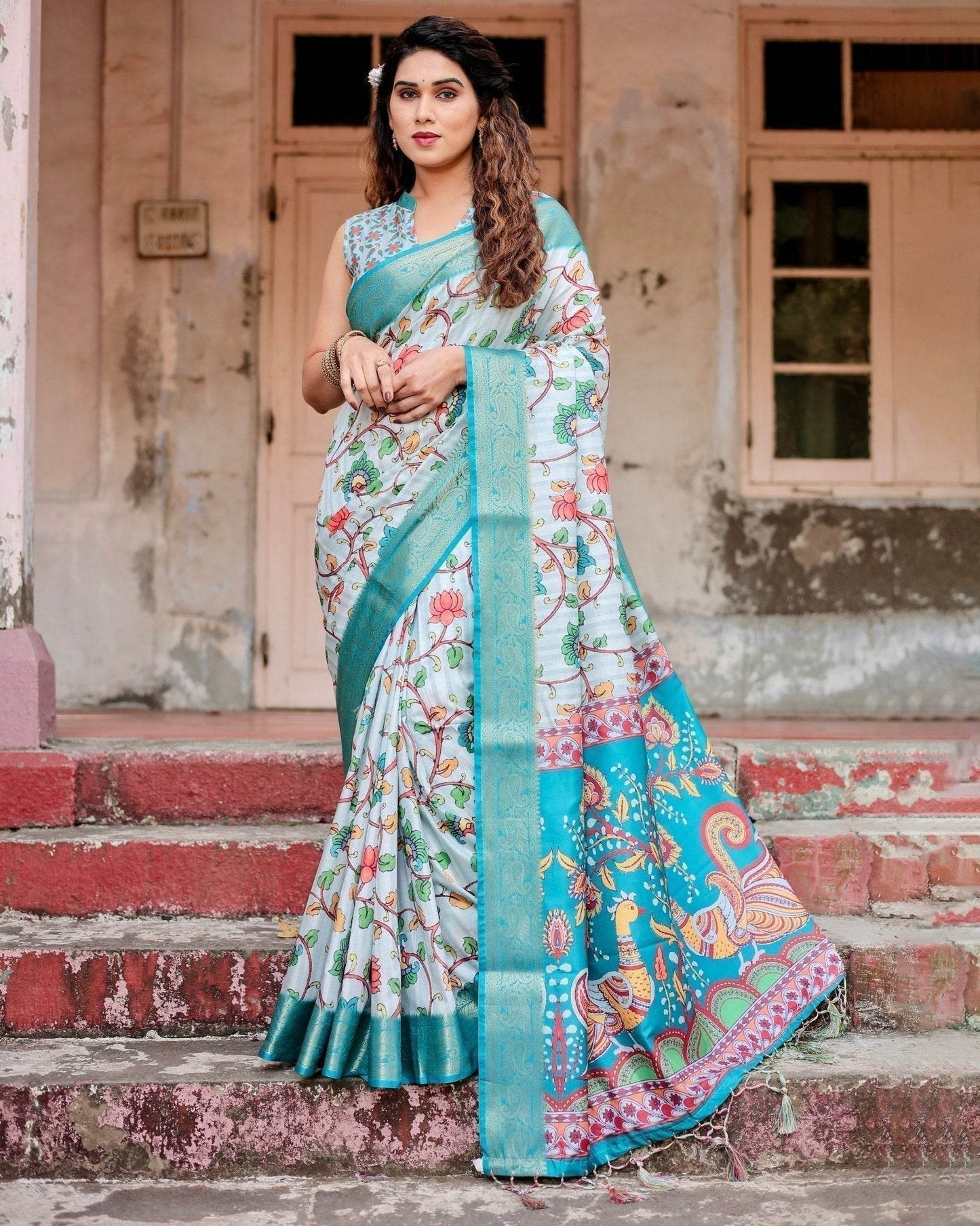 Sky Blue Tussar Silk Saree with Multicolor Floral Design and Zari Paisley Border - SEEANS
