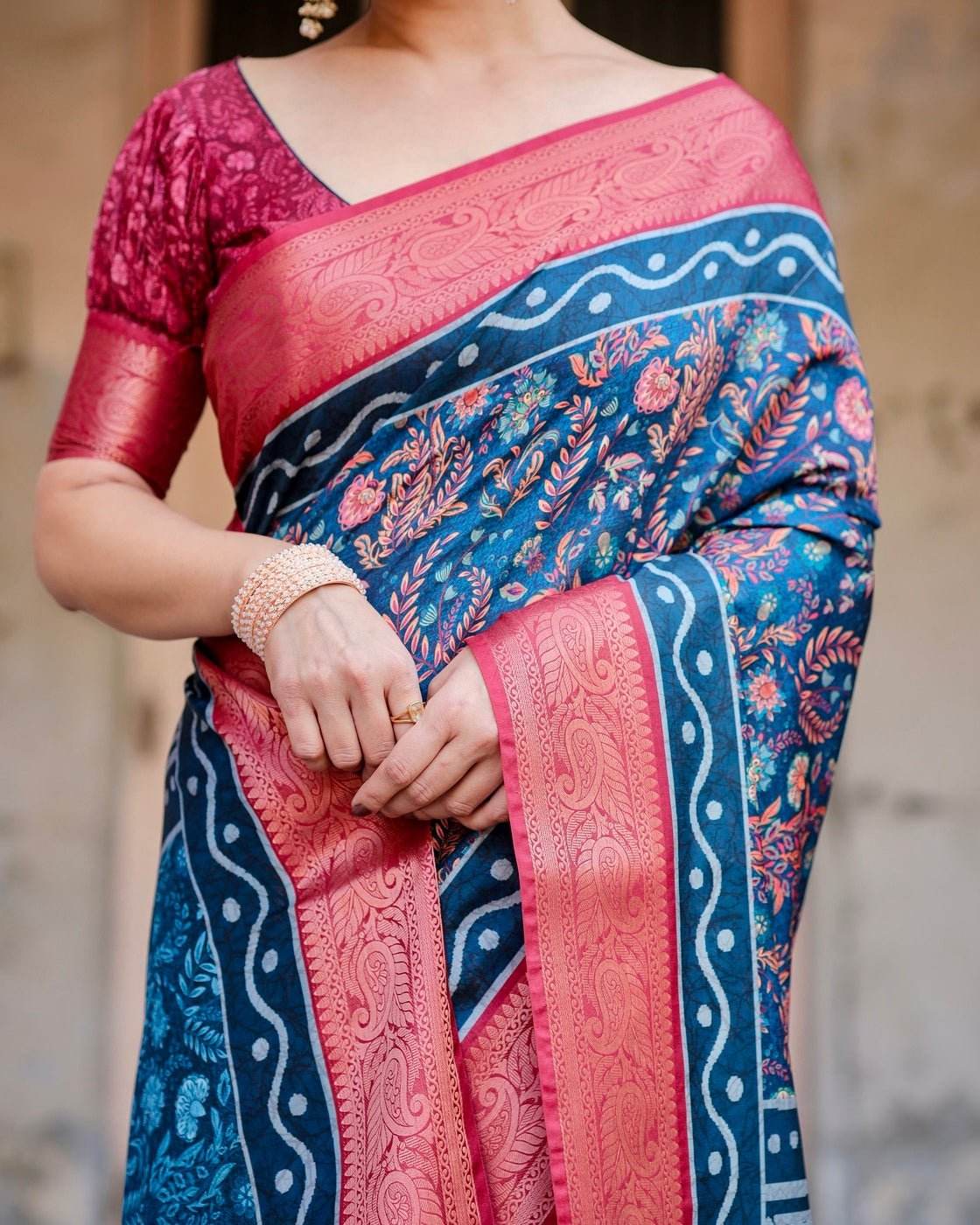 Teal Blue and Coral Tussar Silk Saree with Floral Weaves and Geometric Pallu - SEEANS