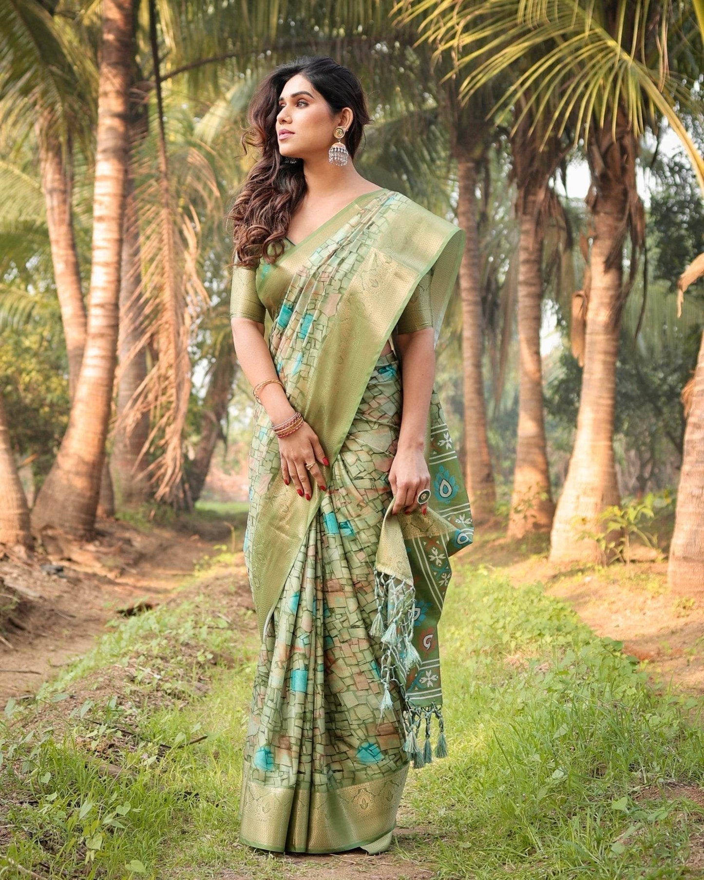 Elegant Light Green Tussar Silk Saree with Zari Motif Border and Contemporary Checkered Pallu Design - SEEANS