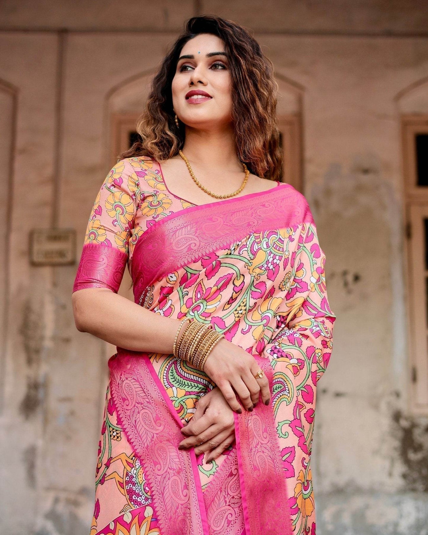 Peach and Fuchsia Floral Digital Print Tussar Silk Saree with Zari Border and Paisley Pallu - SEEANS