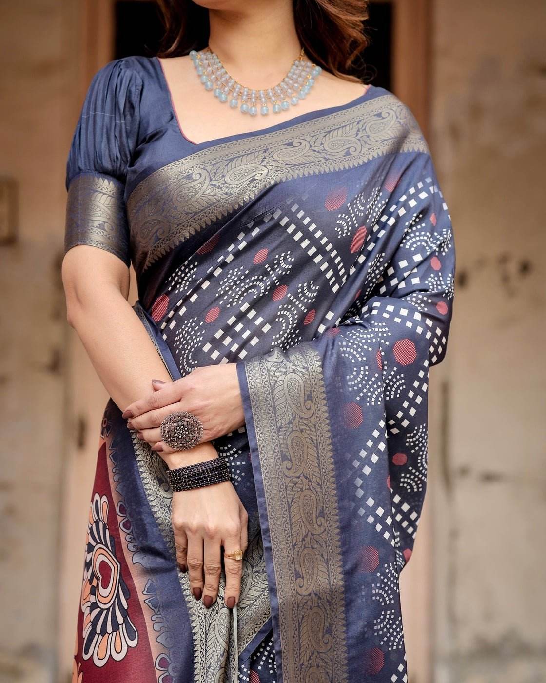 Navy Blue Tussar Silk Saree with Geometric Patterns, Zari Border, and Vibrant Pallu - SEEANS
