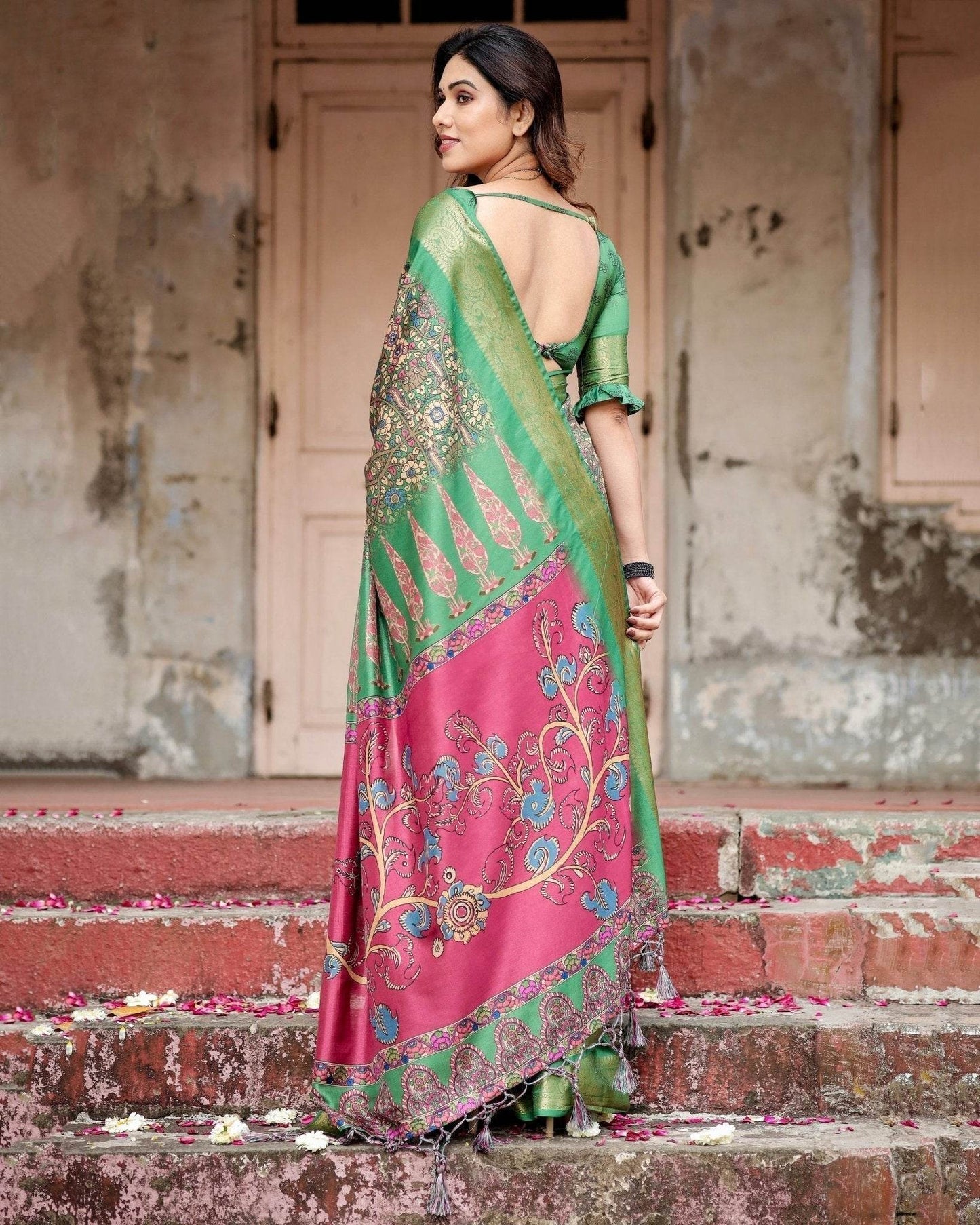 Emerald Green & Magenta Tussar Silk Saree with Zari Weave and Tassel Finish - SEEANS