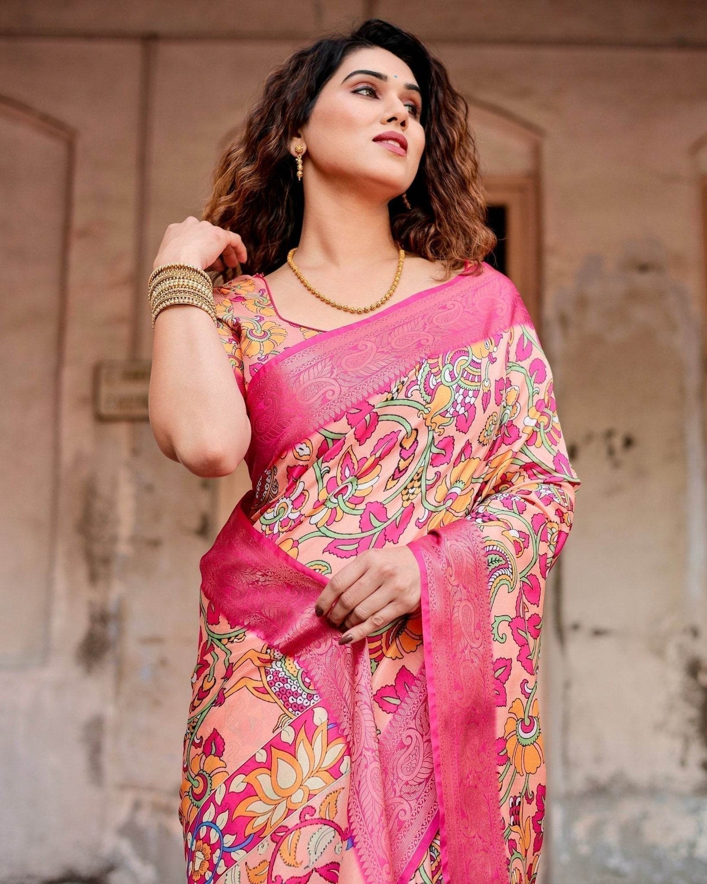 Peach and Fuchsia Floral Digital Print Tussar Silk Saree with Zari Border and Paisley Pallu - SEEANS
